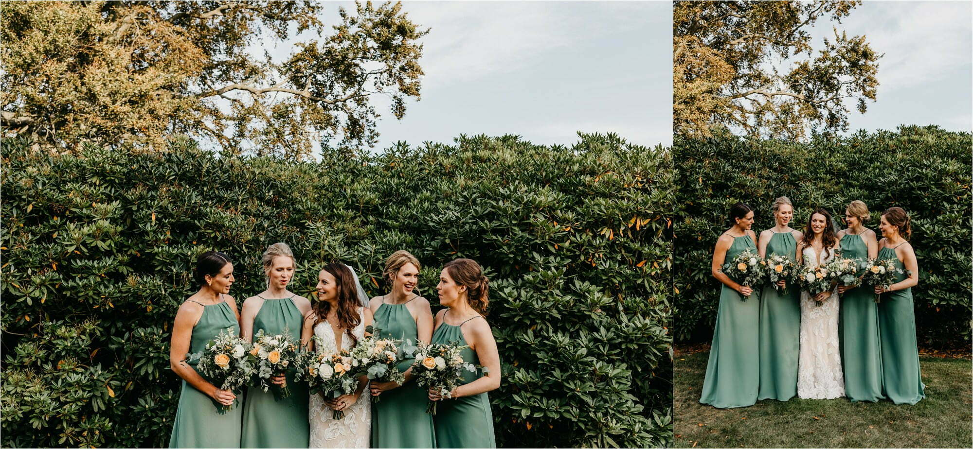 farm micro wedding scottish borders bride and bridesmaids in sage green dresses with bouquets laughing