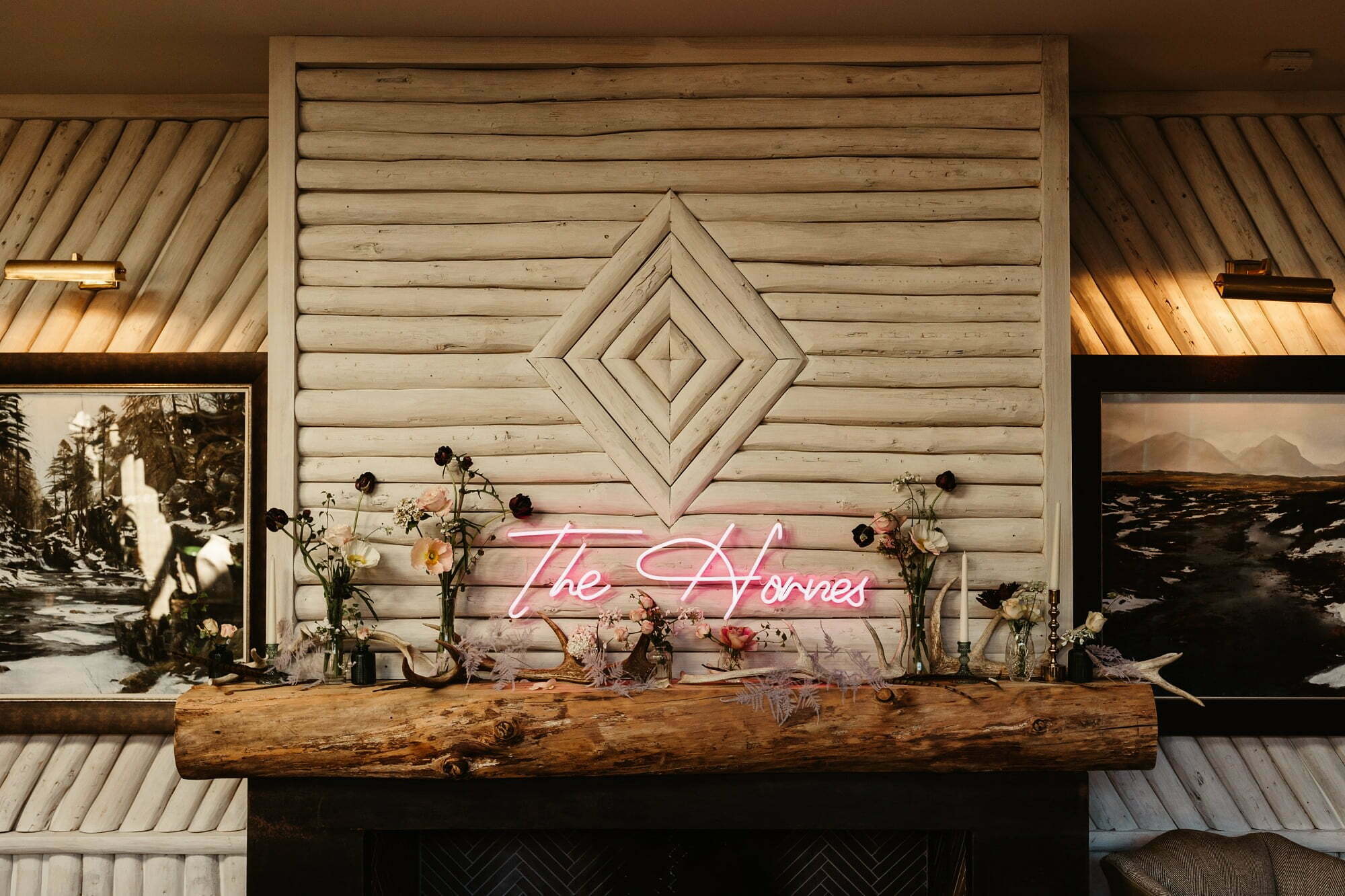 fife arms braemar micro wedding reception dinner ideas styling modern neon name sign