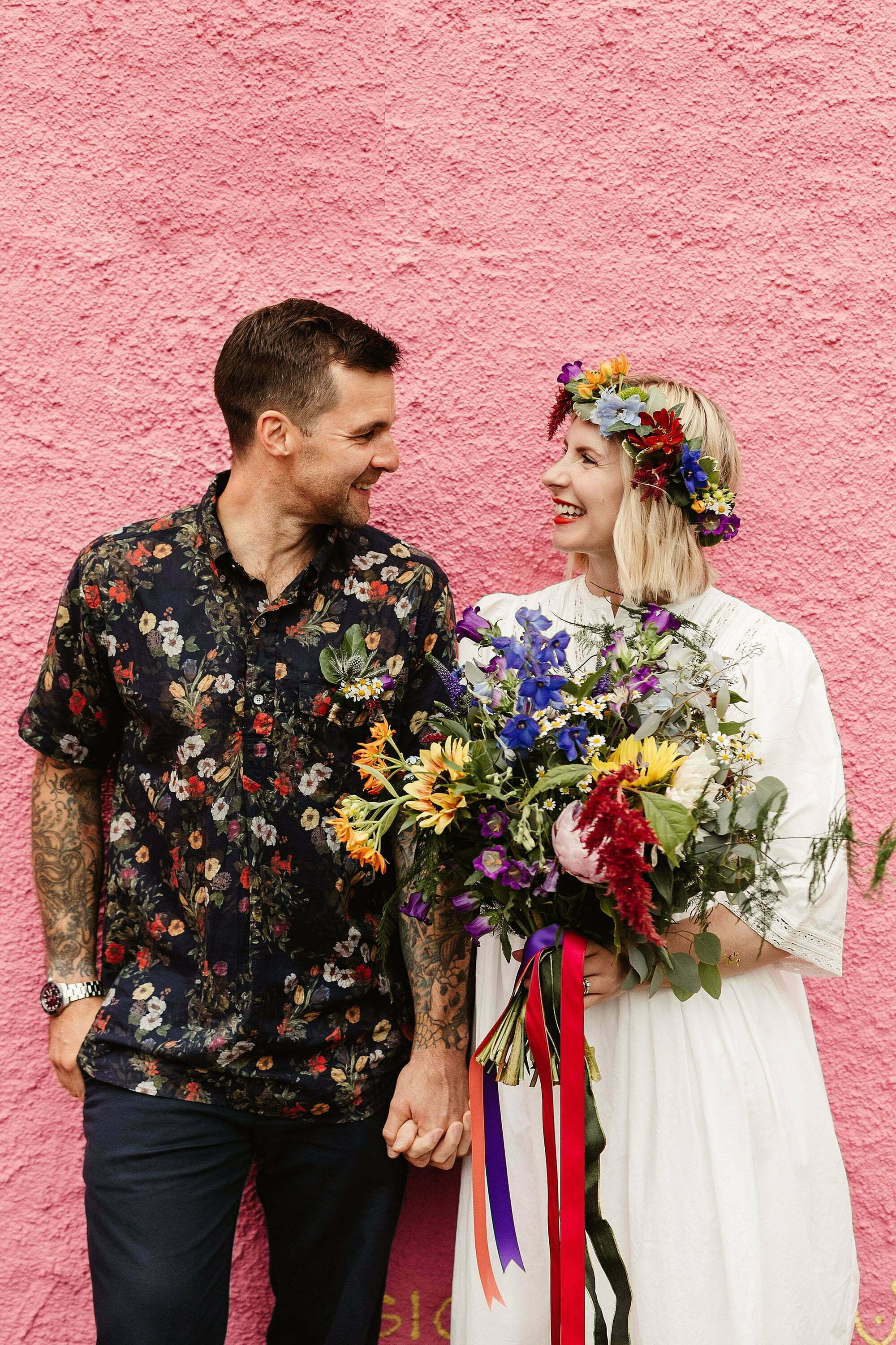 bride groom brightly coloured bouquet floral headdress