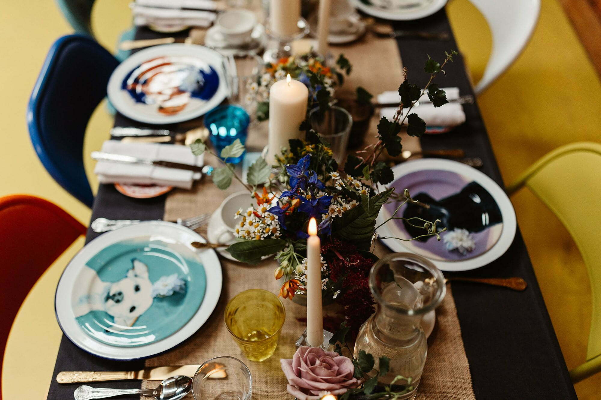 colourful wedding styling bright summer floral table glen dye