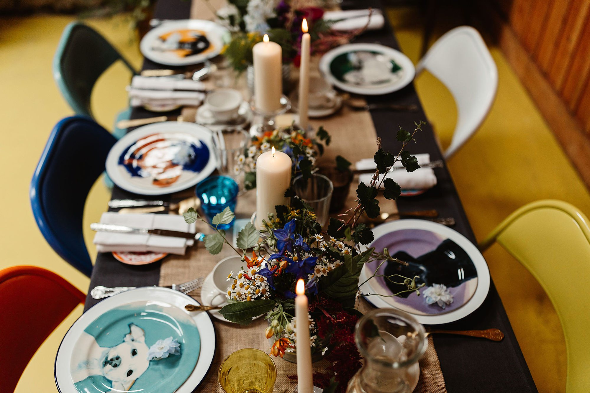 colourful wedding styling bright summer floral table glen dye
