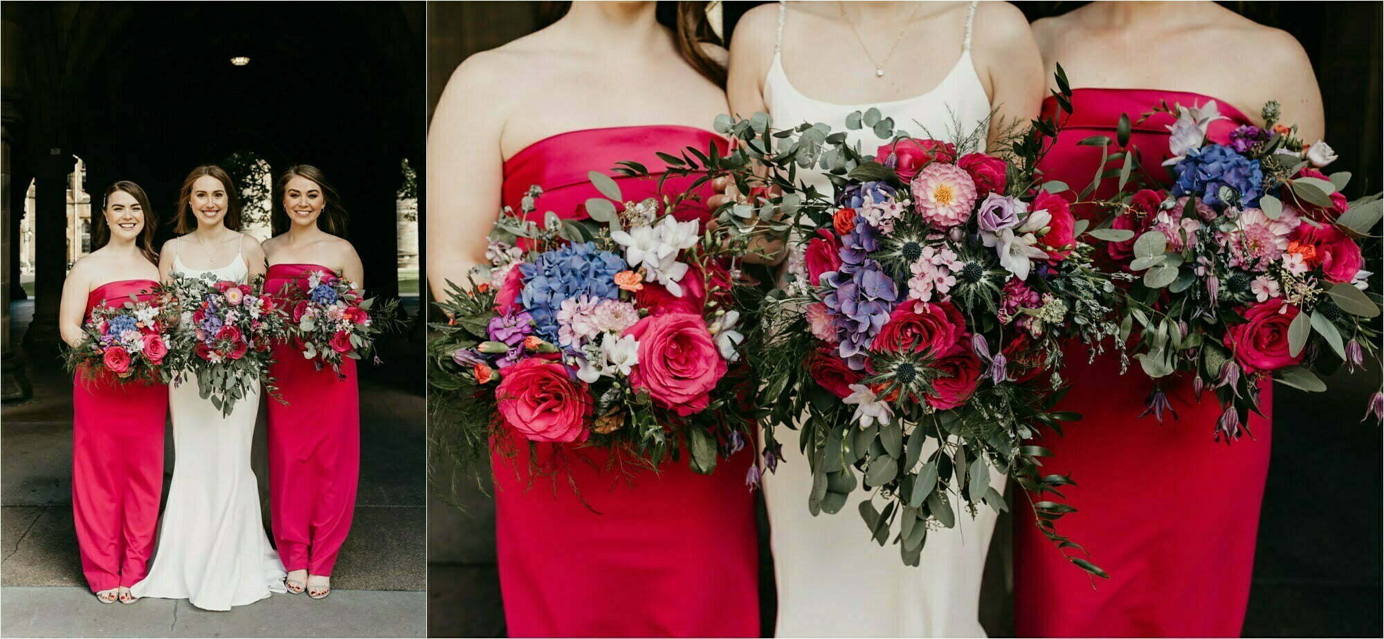 micro wedding at glasgow university chapel bride and bridesmaids in red with bouquets