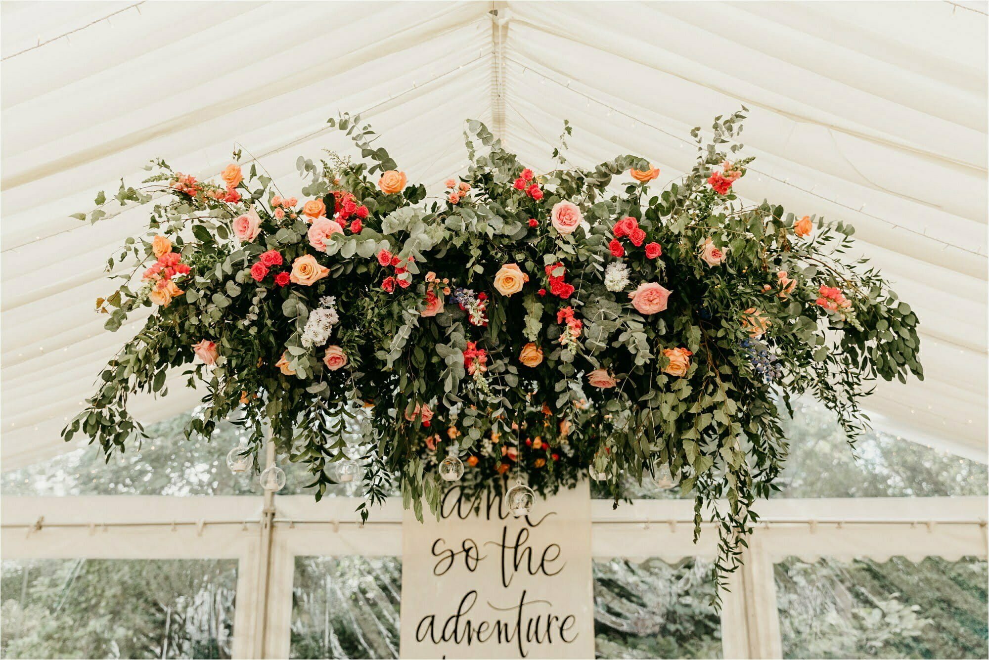 micro wedding at home back garden glasgow blue poppy florist luxury wedding flower cloud hanging in mini marquee