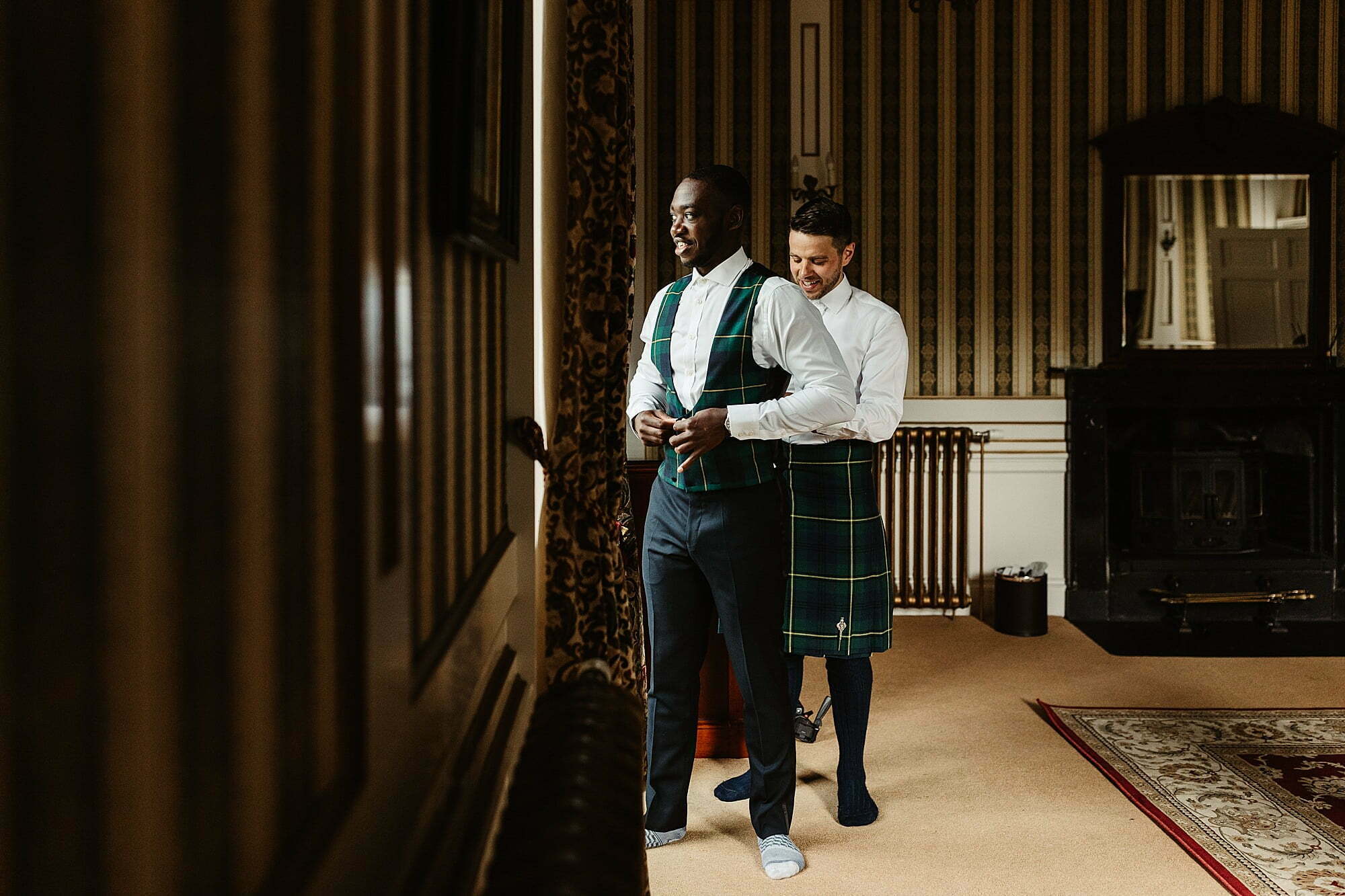 summer drumtochty castle wedding groom tartan waistcoat maccalls highlandwear