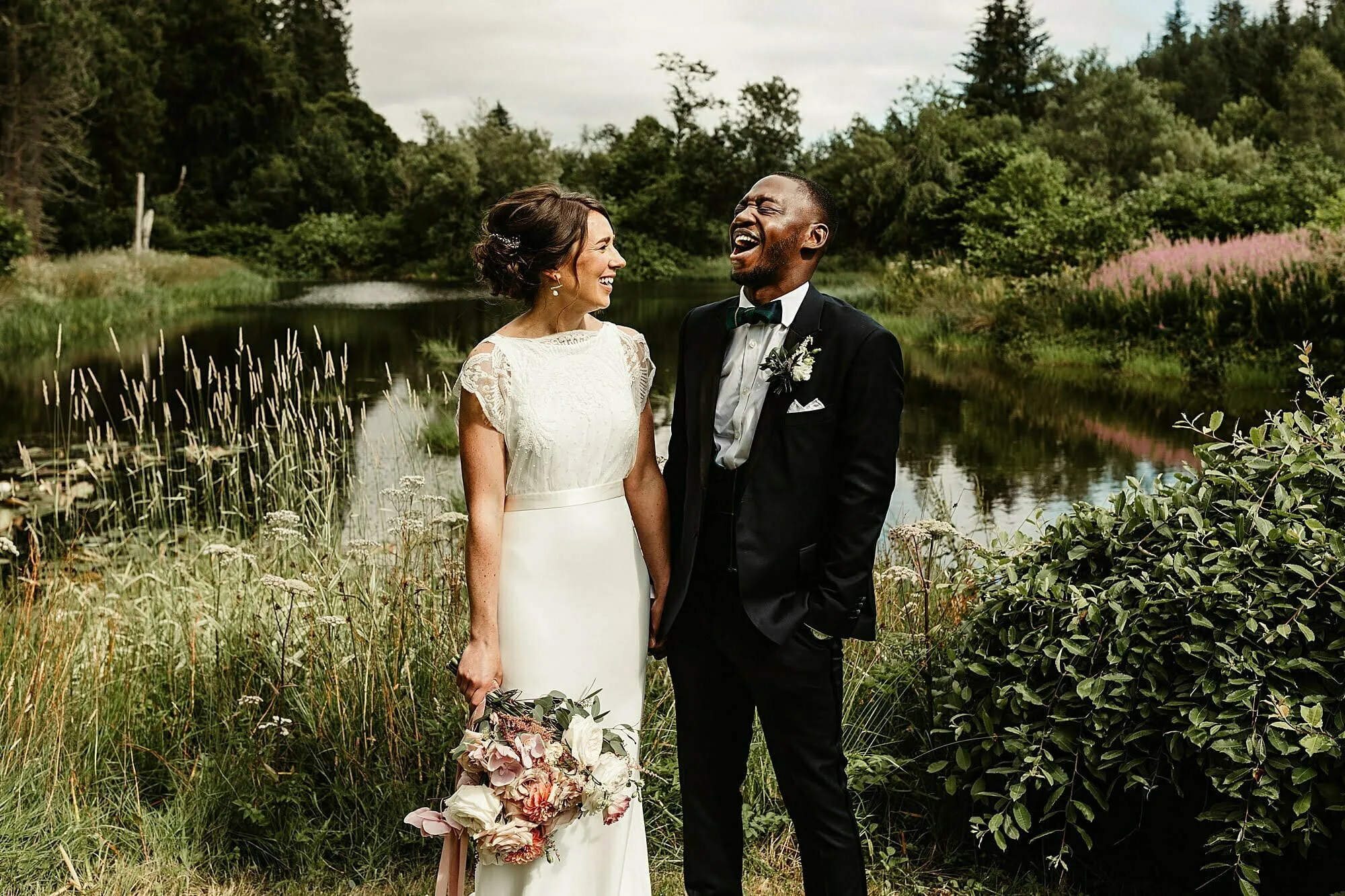 summer drumtochty castle wedding bride groom portraits photos lake pond sunny