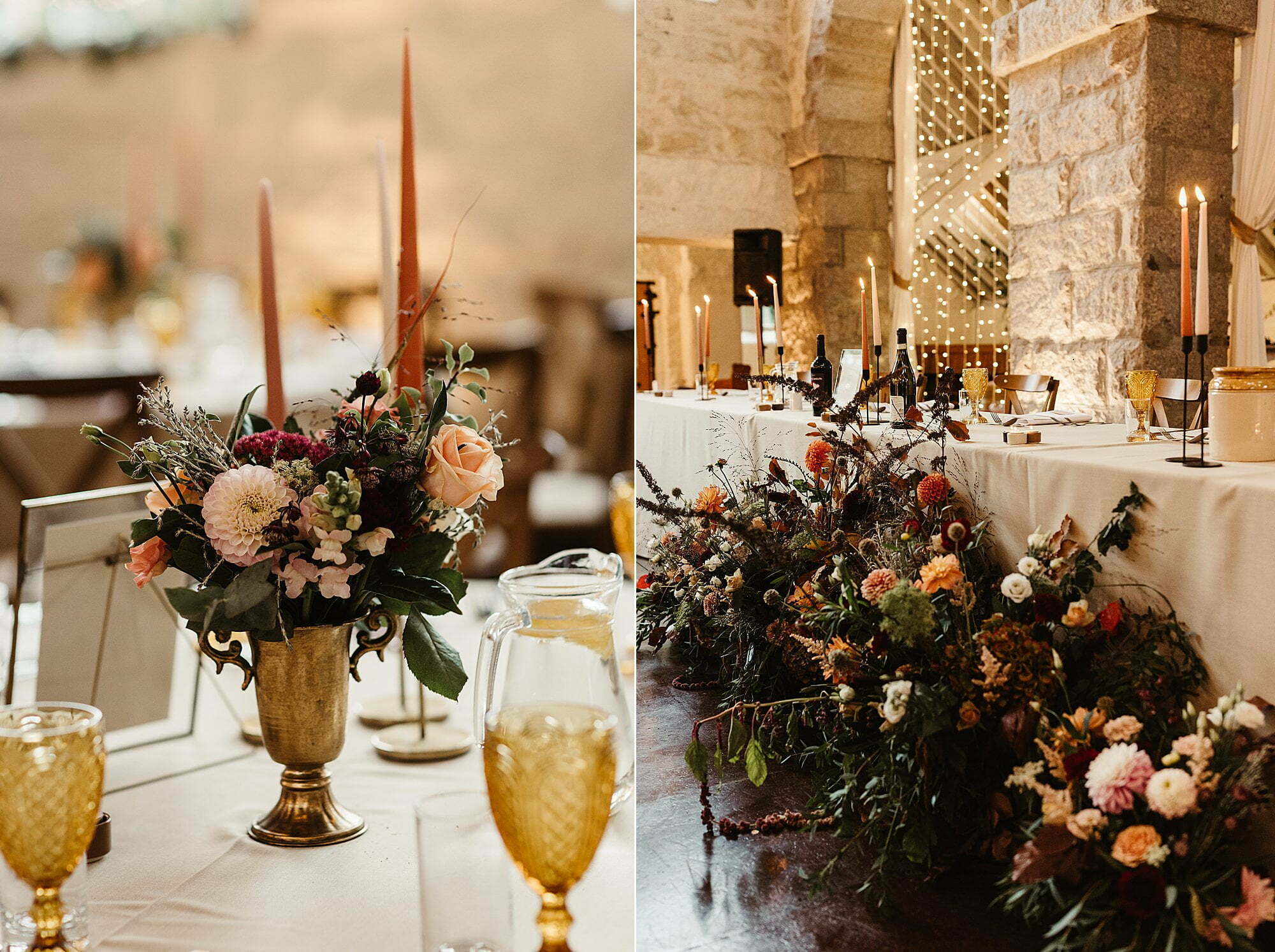 coos cathedral autumnal wedding dinner setup round tables rustic gloam styling