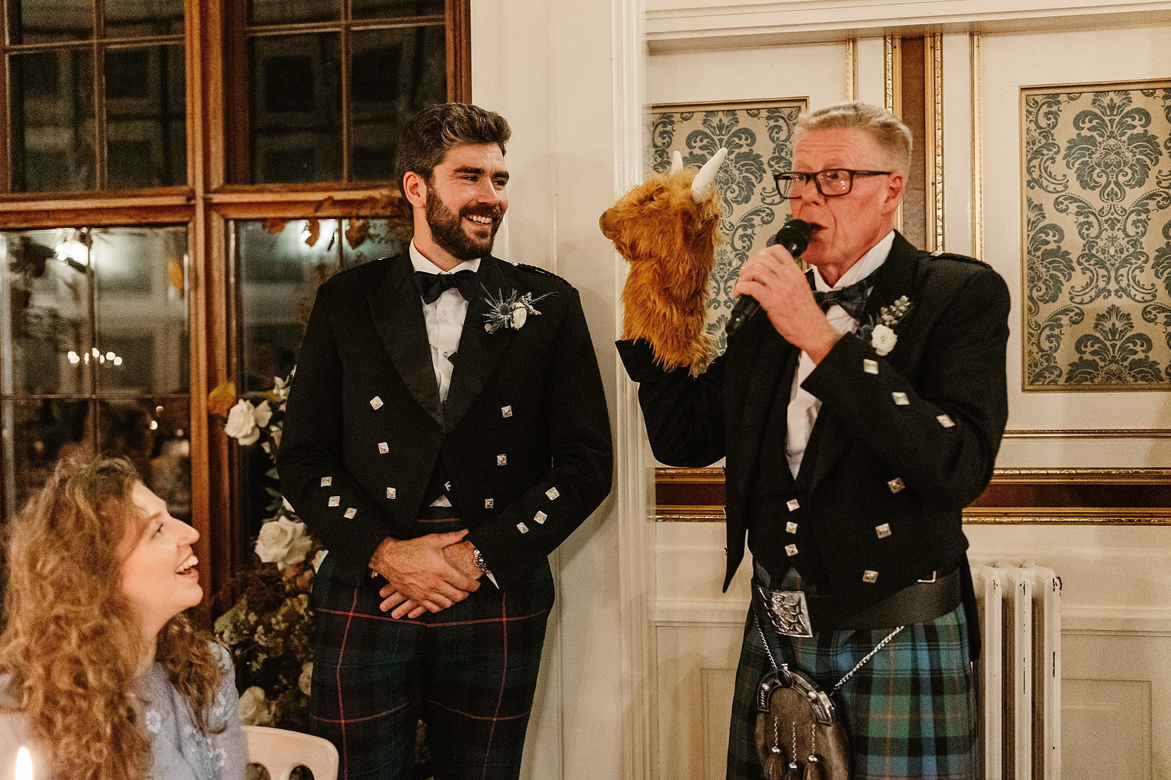 drumtochty castle winter wedding speeches grand hall bride and groom reactions highland cow