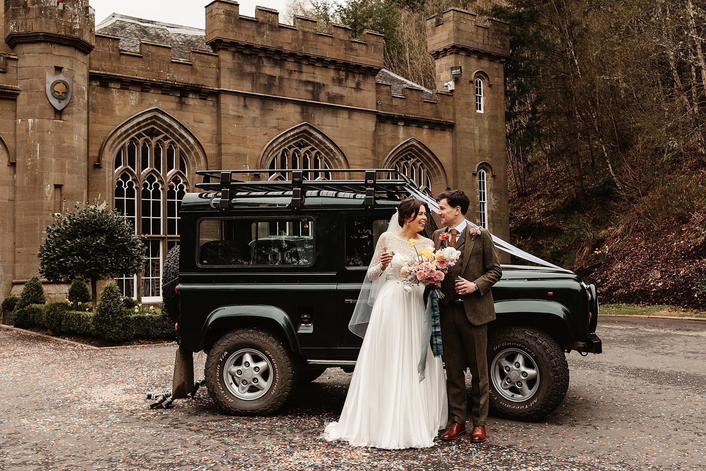 Drumtochty castle landrover bride and groom photos portraits