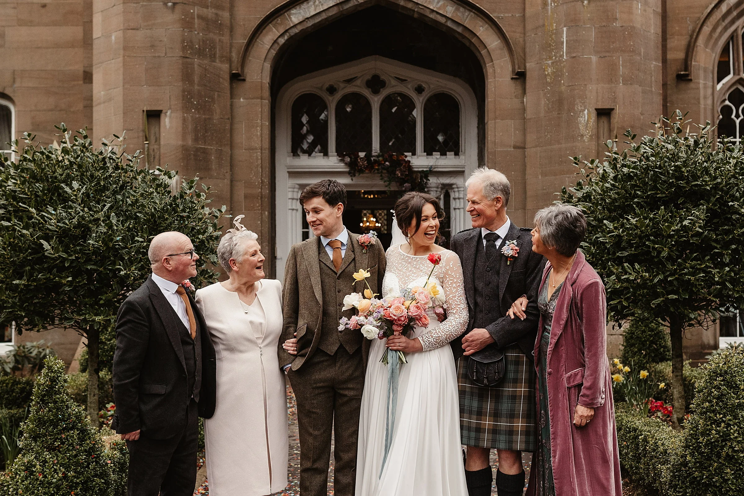 drumtochty castle group photos outside bride and groom family photos