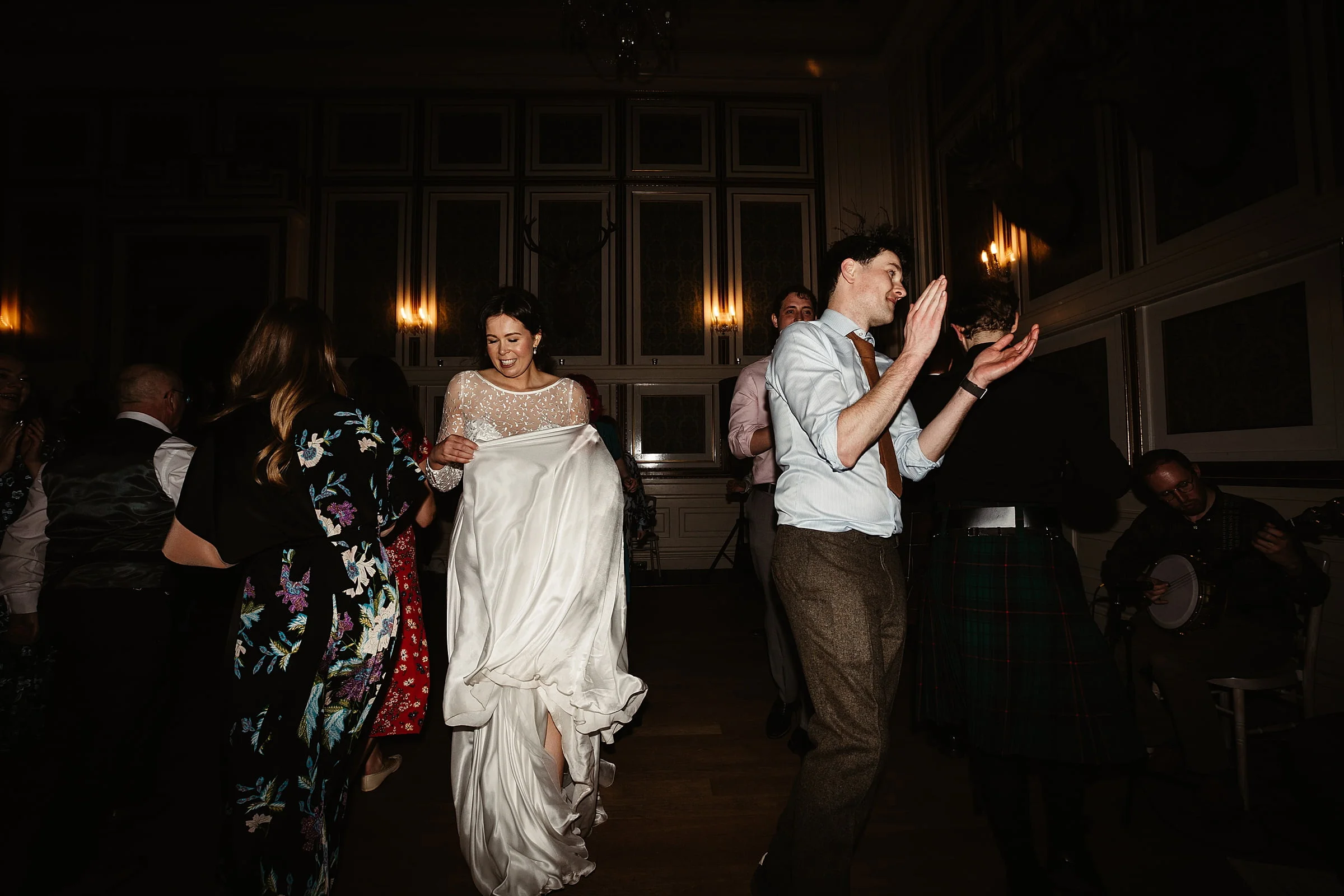 drumtochty castle bride and groom ceilidh dancing sassi holford dress