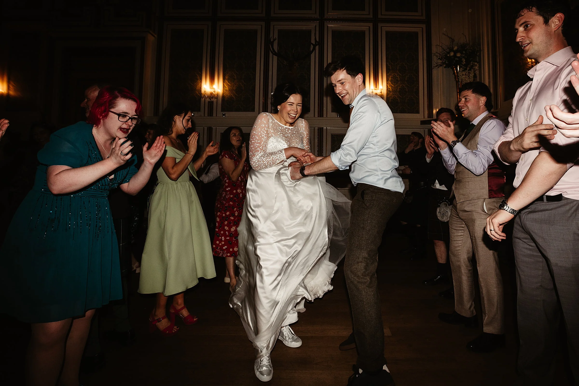 drumtochty castle bride and groom ceilidh dancing sassi holford dress