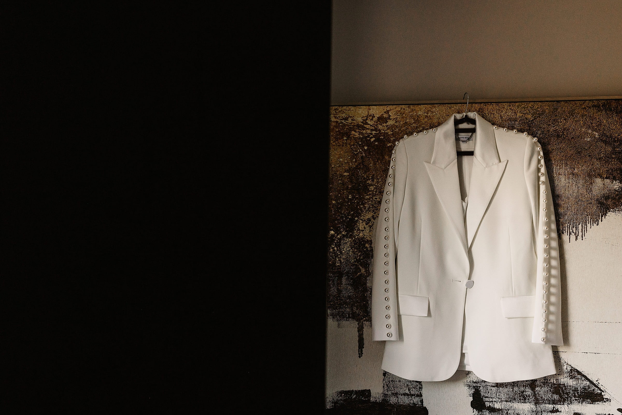 Nadine Merabi wedding suit jacket white edinburgh city chambers elopement