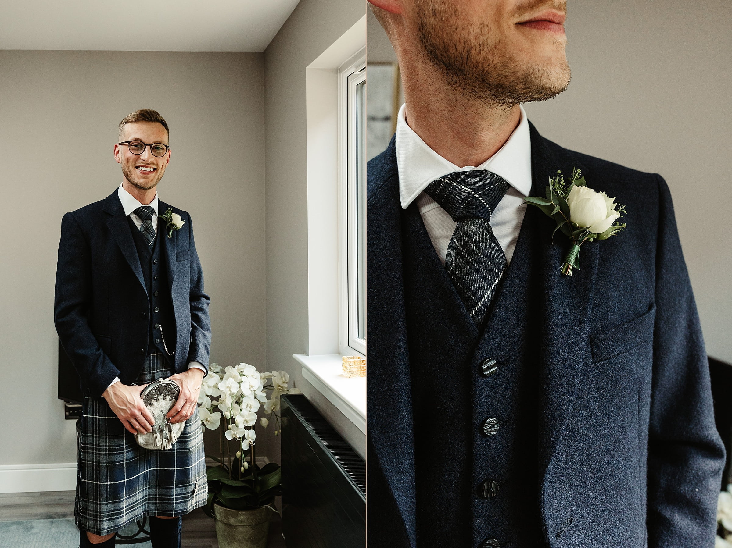 groom getting ready edinburgh city elopement mccalls highland wear kilt