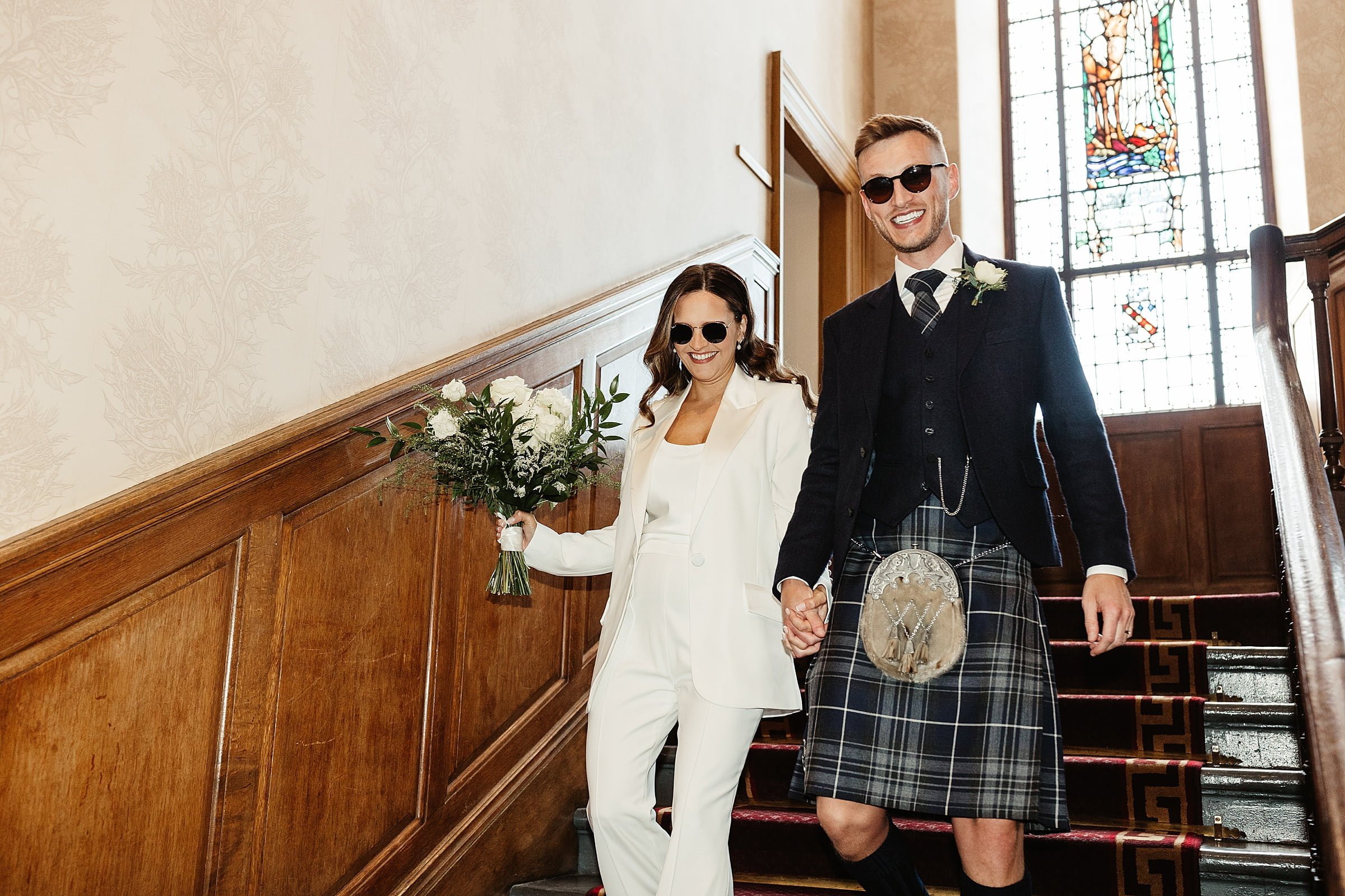 Edinburgh city chambers elopement photography Nadine Merabi trouser suit