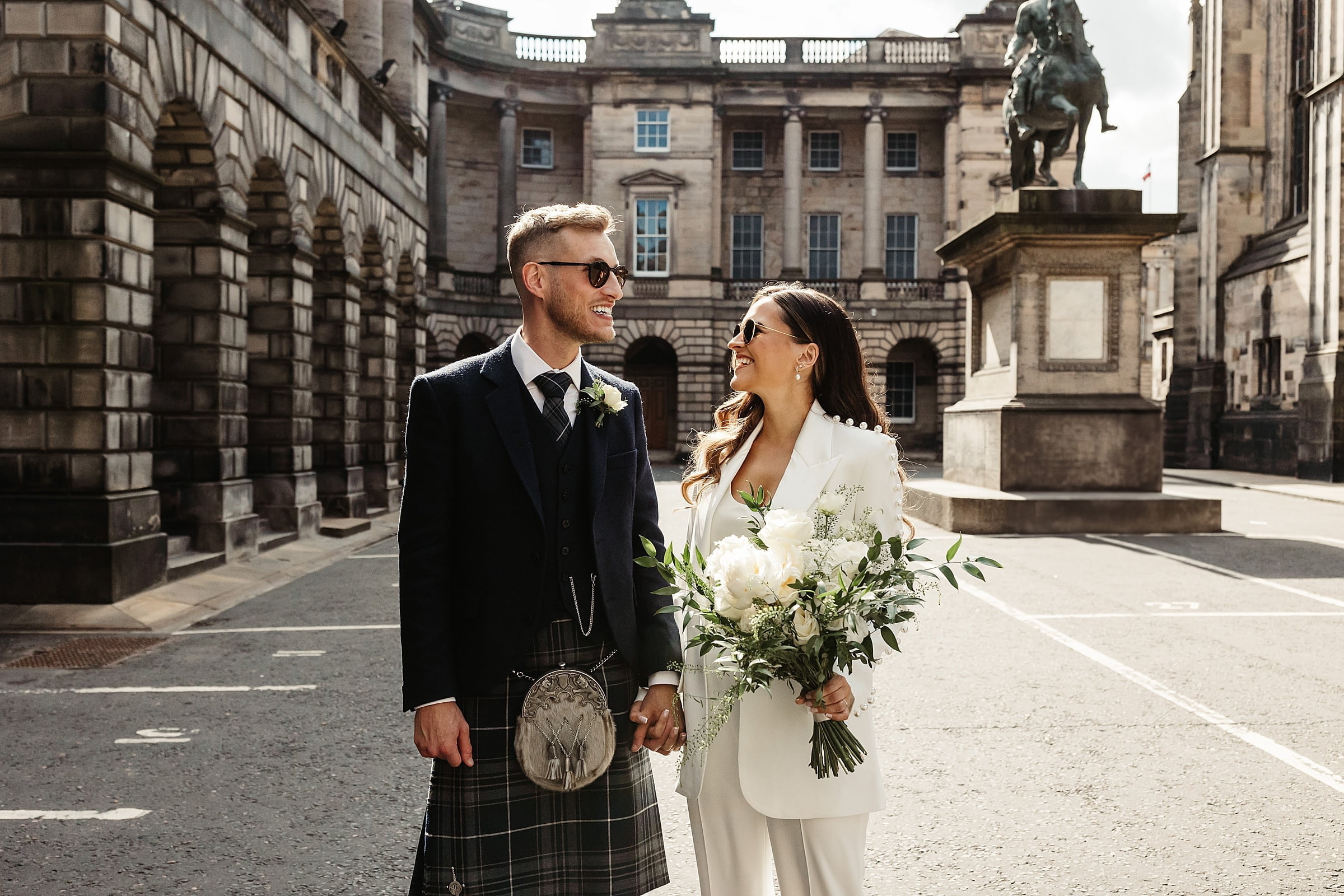 Edinburgh city chambers elopement photography bride and groom portrait Snap Dragon flowers