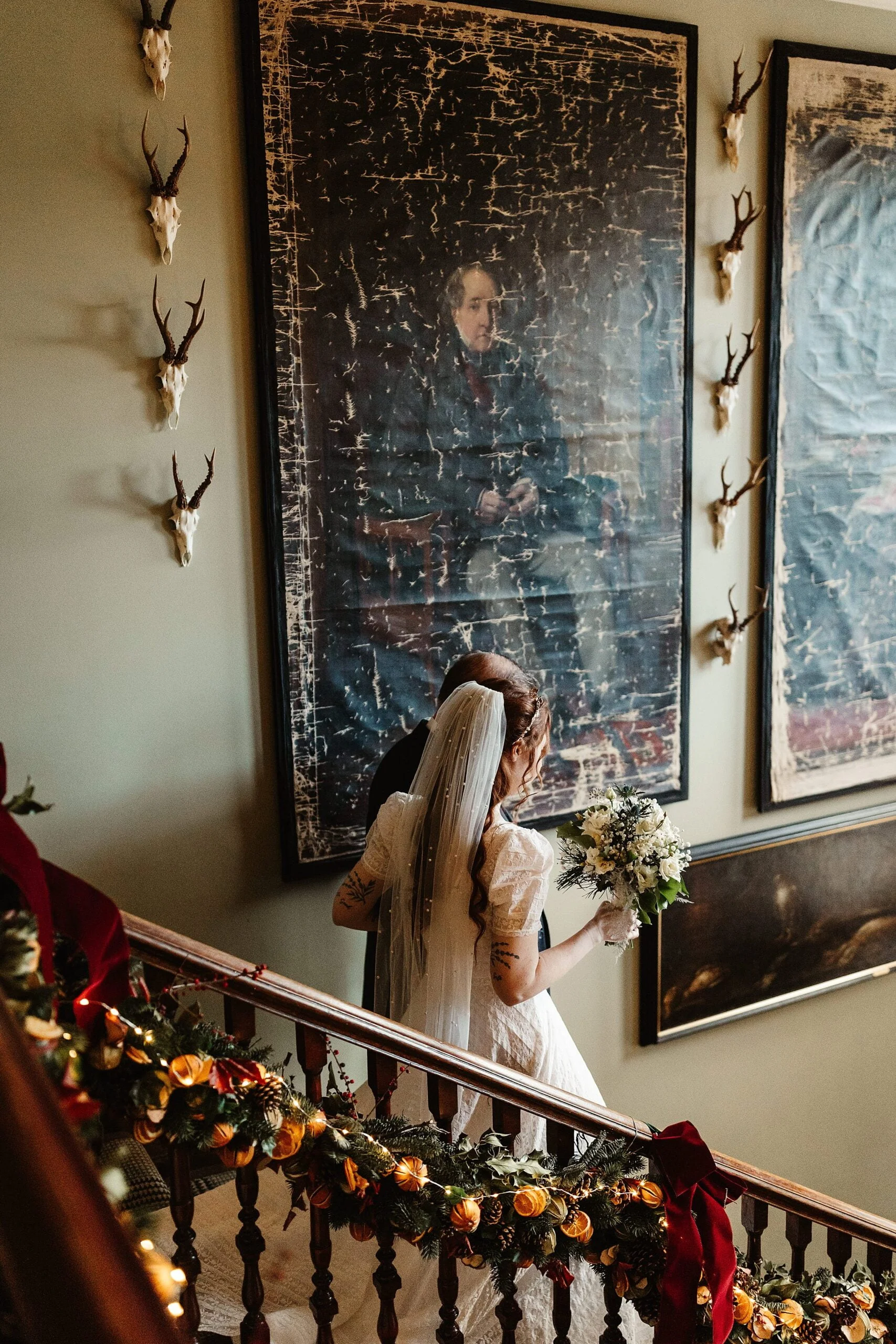 fife arms stairway interior bride and father