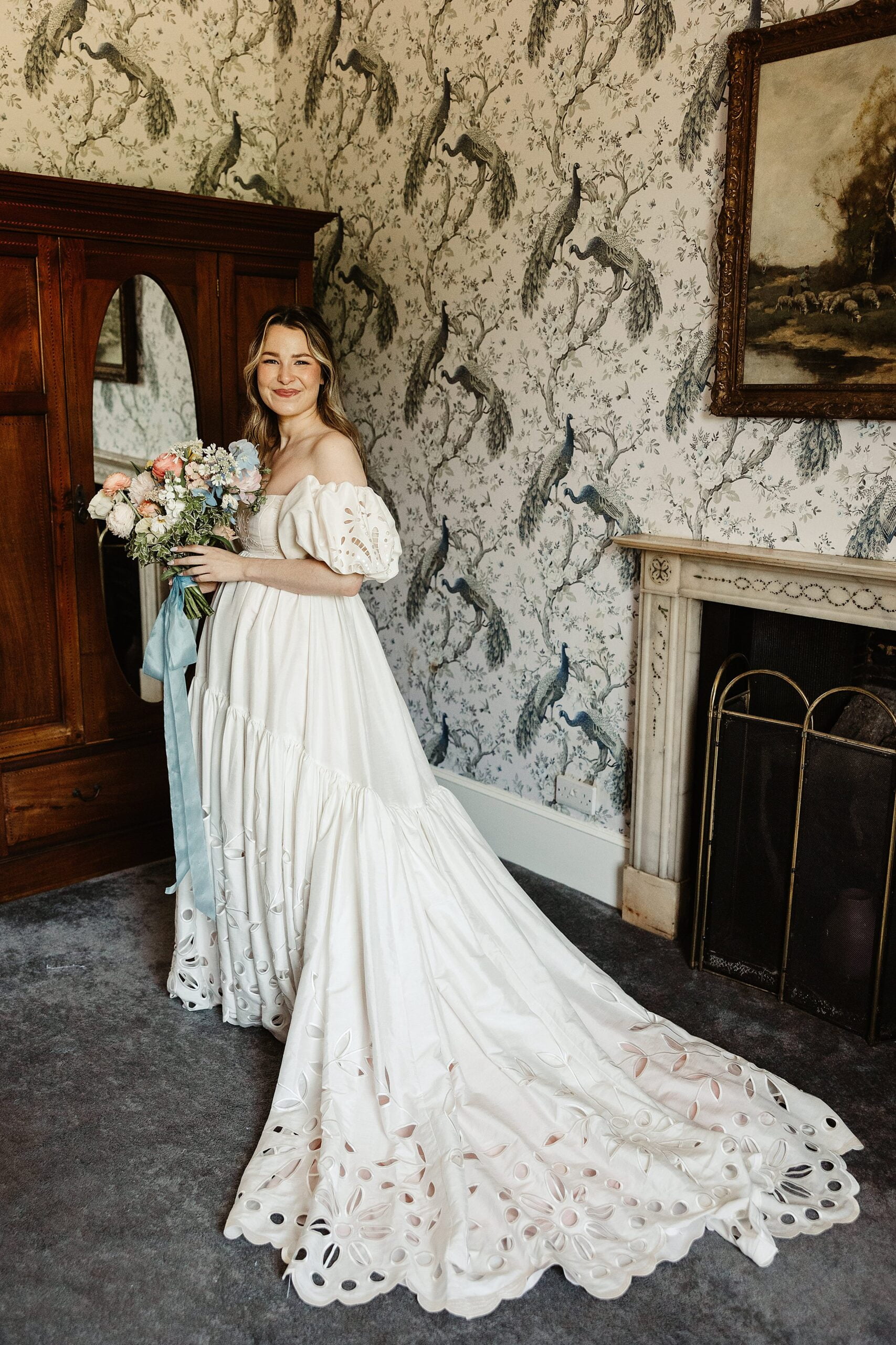 boturich castle wedding bride getting ready Anthropologie wedding dress Floral Menagerie bouquet