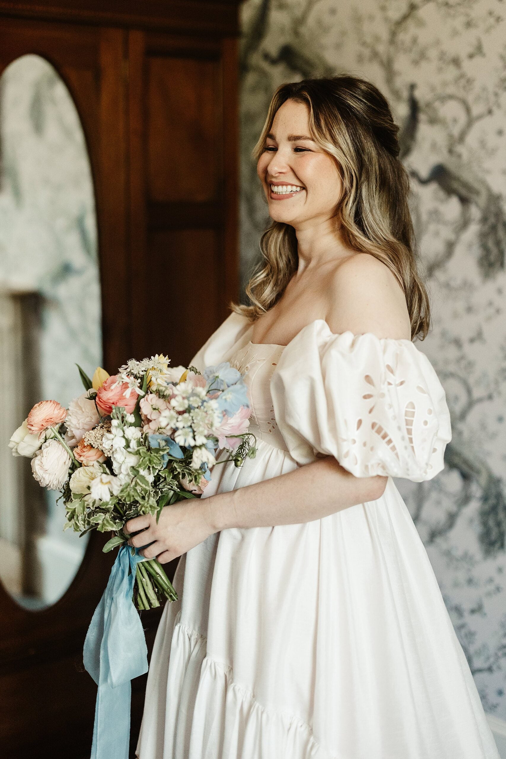 boturich castle wedding bride getting ready Anthropologie wedding dress Floral Menagerie bouquet