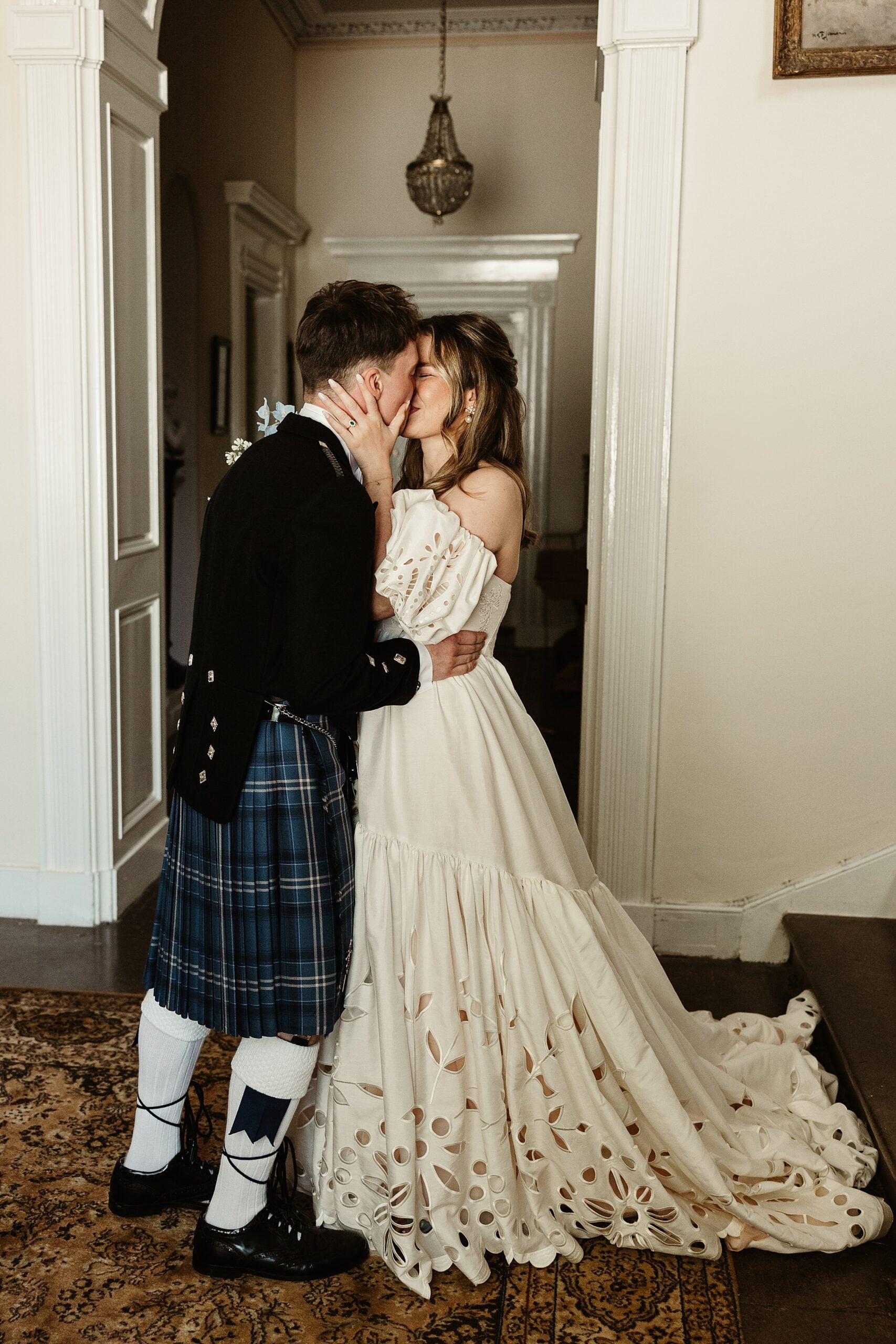 boturich castle wedding photography bride and groom first look indoors Anthropologie wedding dress