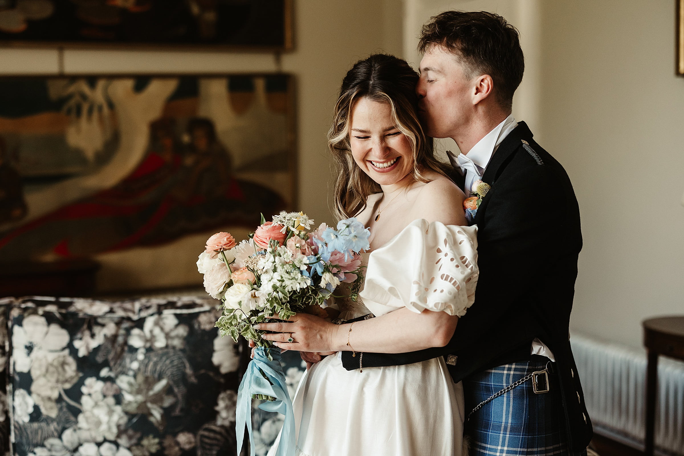 boturich castle wedding photography bride and groom portraits indoors Anthropologie wedding dress Floral Menagerie bouquet