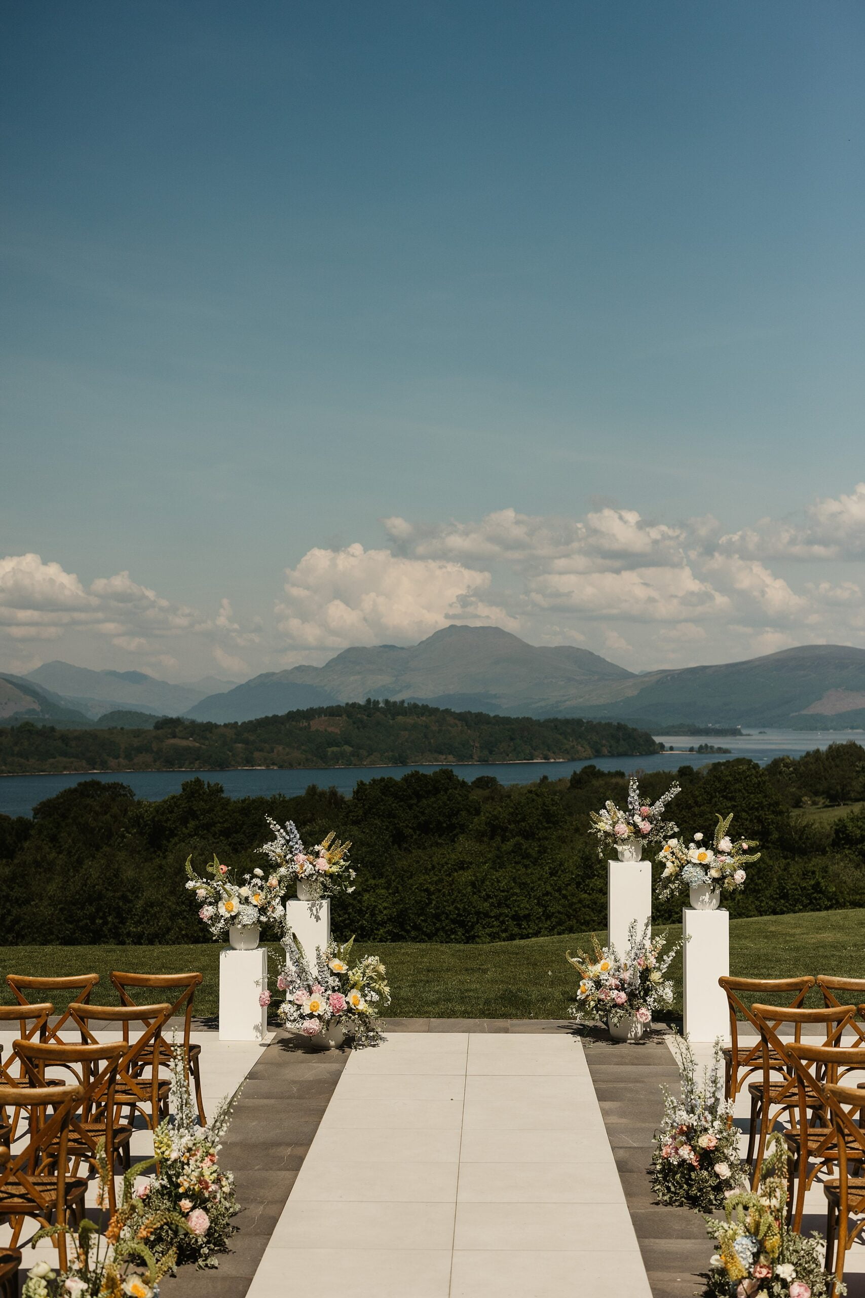 boturich castle outdoor wedding ceremony Floral Menagerie flowers view of loch lomond