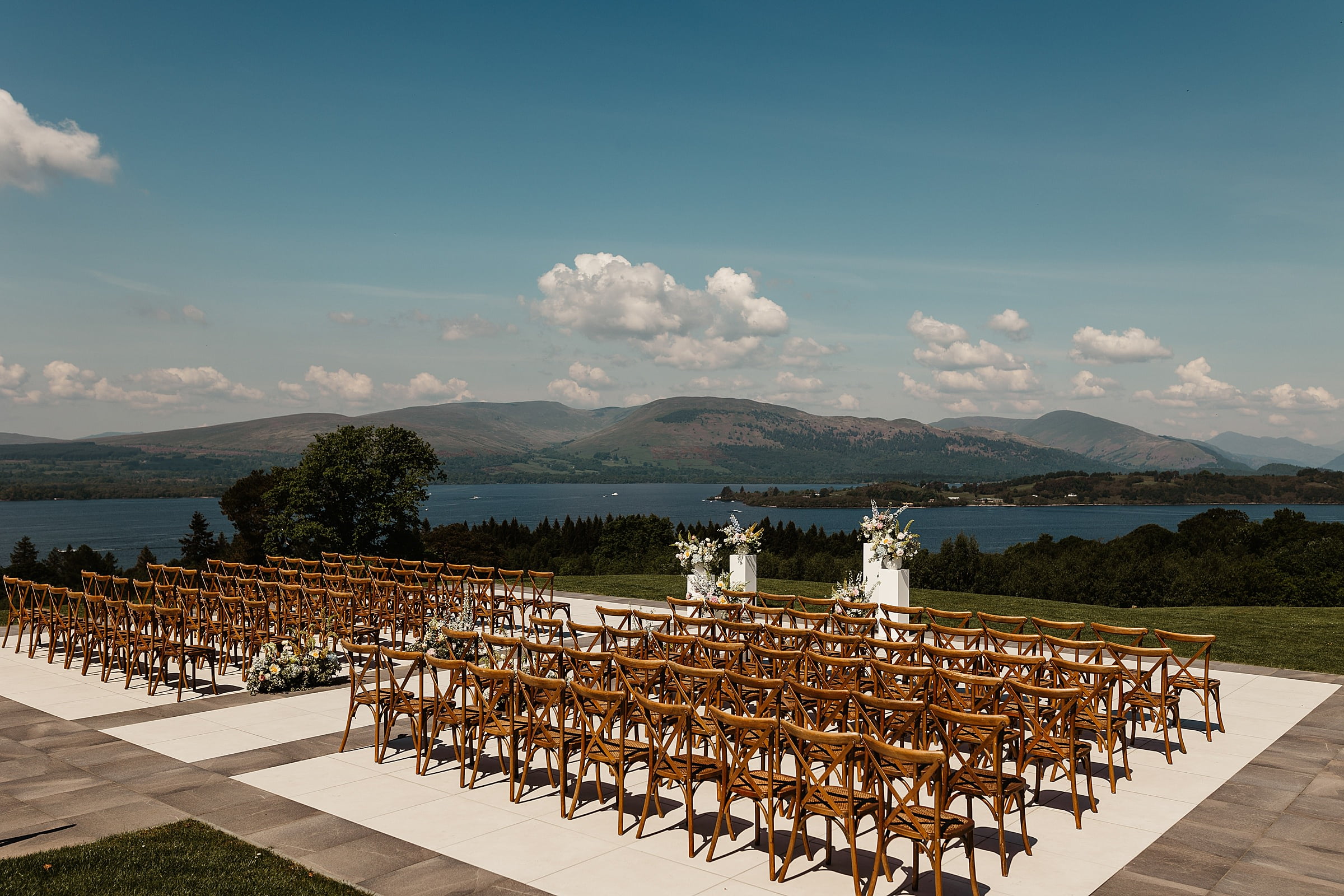 boturich castle outdoor wedding ceremony Floral Menagerie flowers view of loch lomond