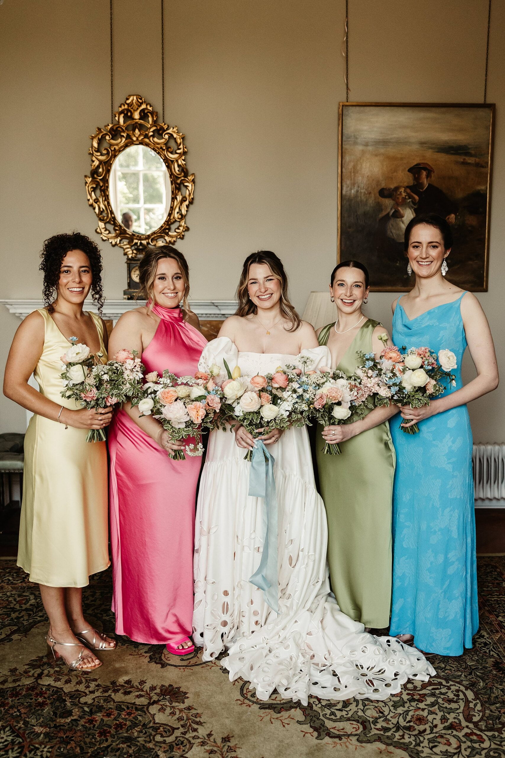 boturich castle wedding bridesmaids portraits group photo indoors Floral Menagerie bouquet