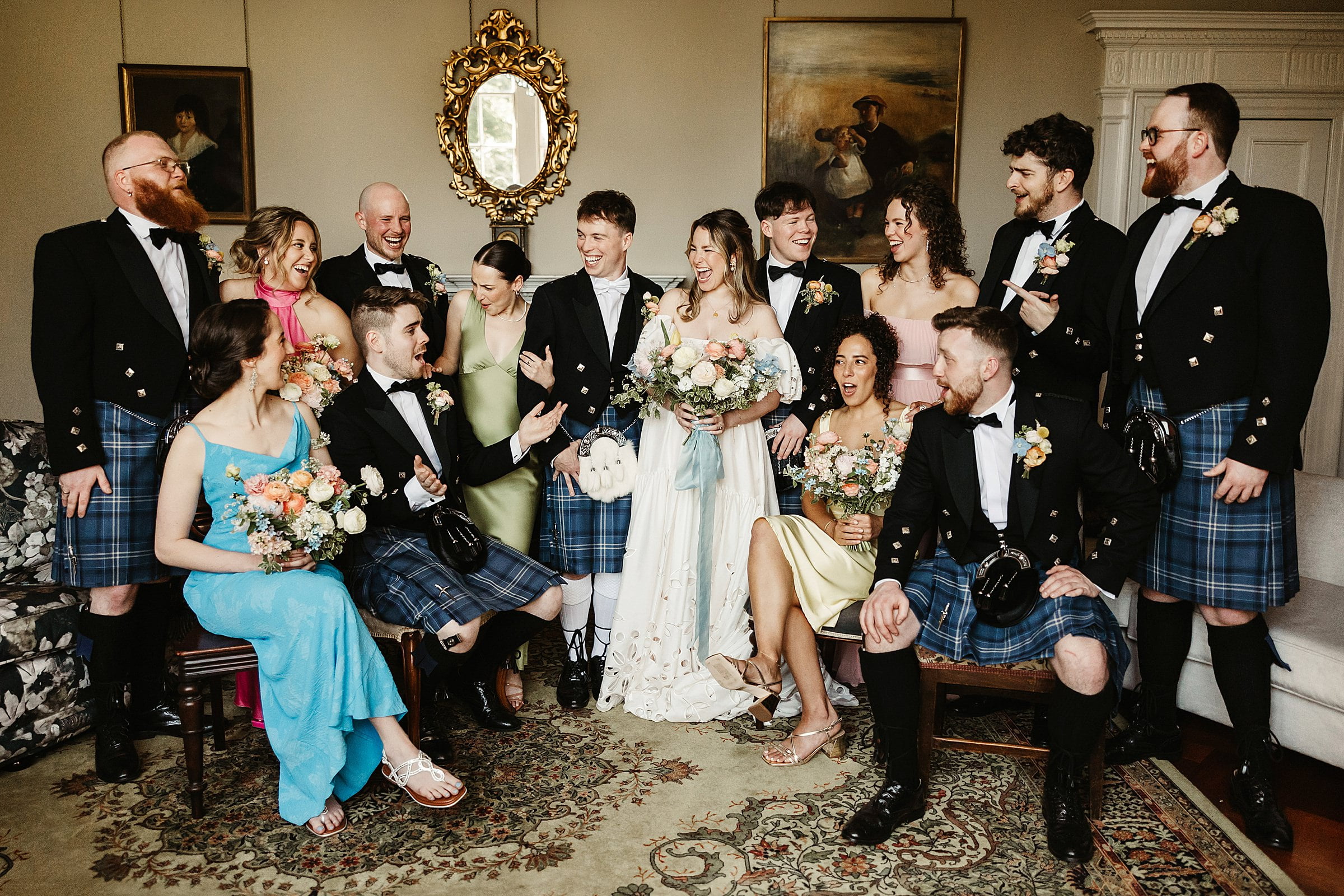 boturich castle wedding bridesmaids portraits group photo indoors Floral Menagerie bouquet