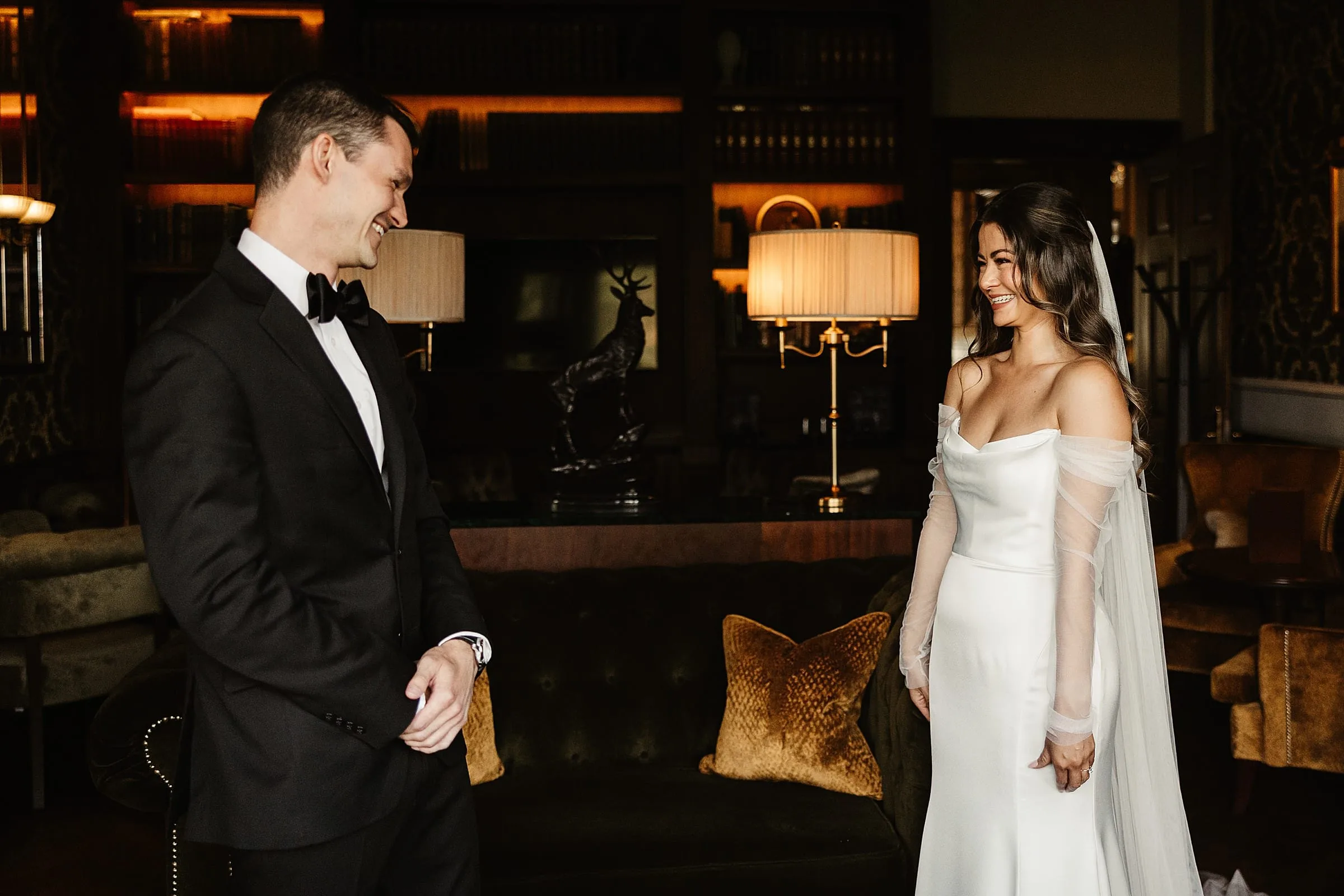 bride and groom first look the bonham hotel edinburgh elegant and intimate wedding jenny yoo dress