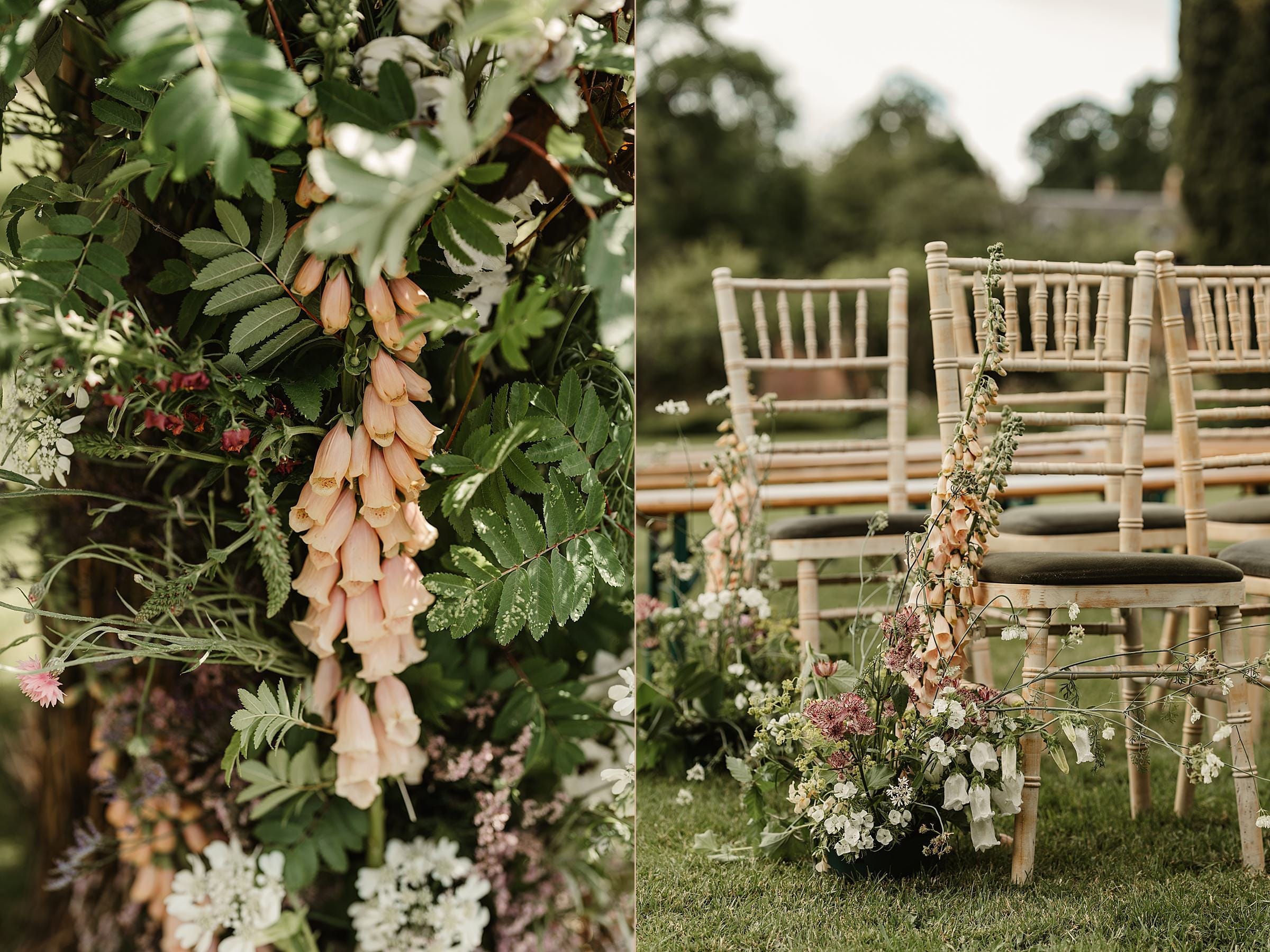 myrtle and bracken wedding flowers for outdoor ceremony at byre at inchyra