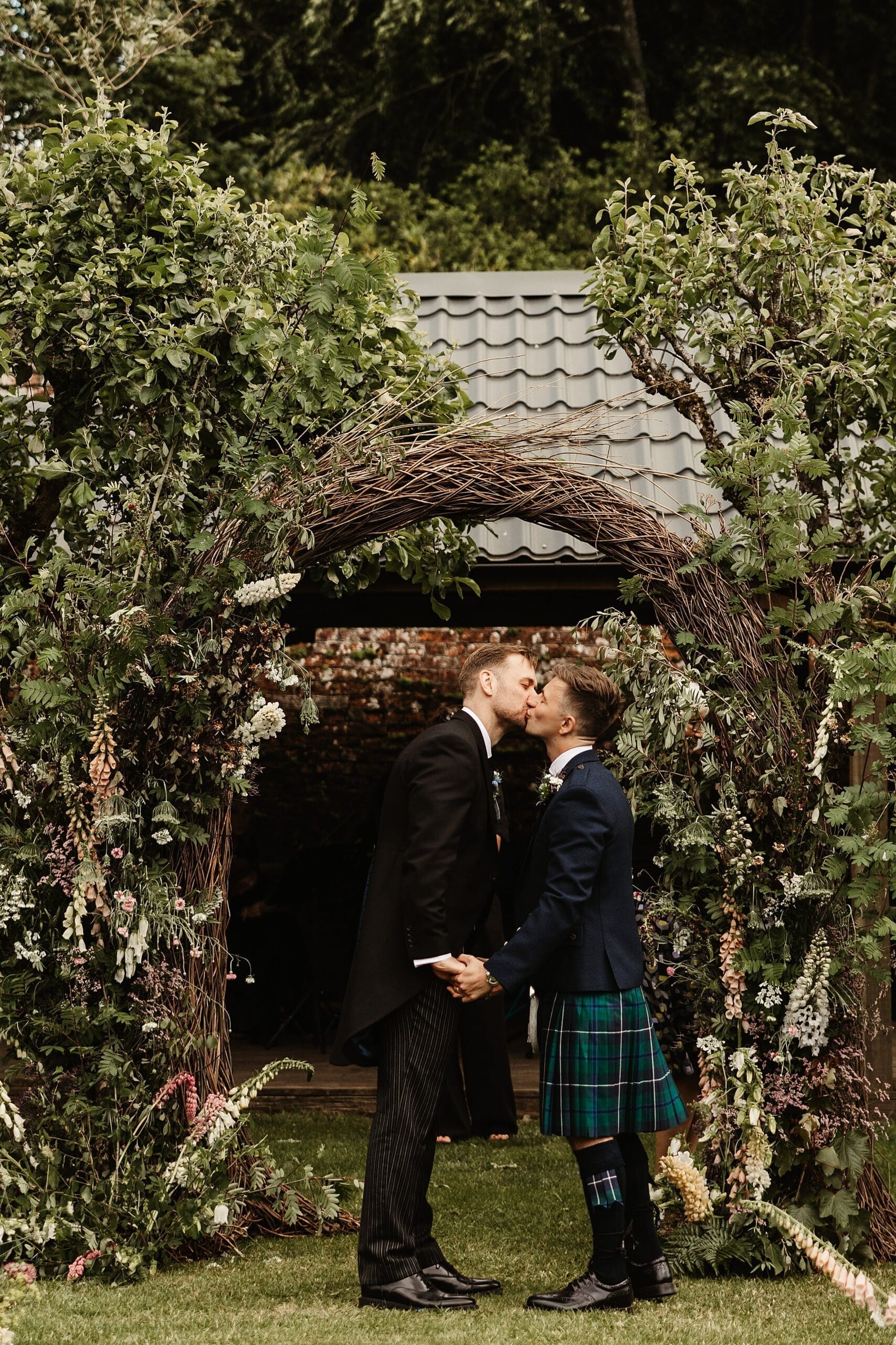 outdoor wedding ceremony at byre at inchyra same sex couple first kiss