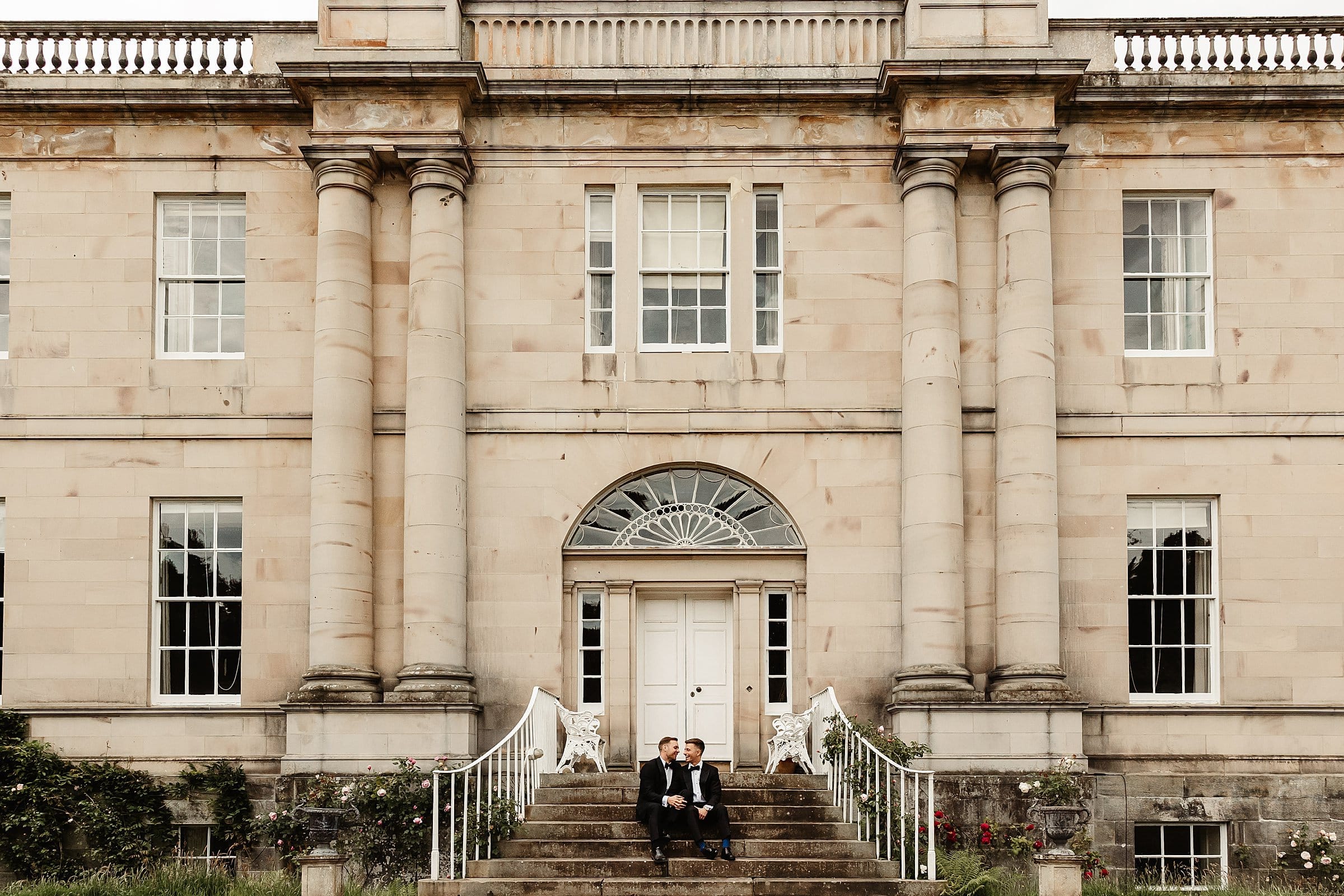 byre at inchyra main house wedding photos two grooms in tuxedos same sex wedding photographs