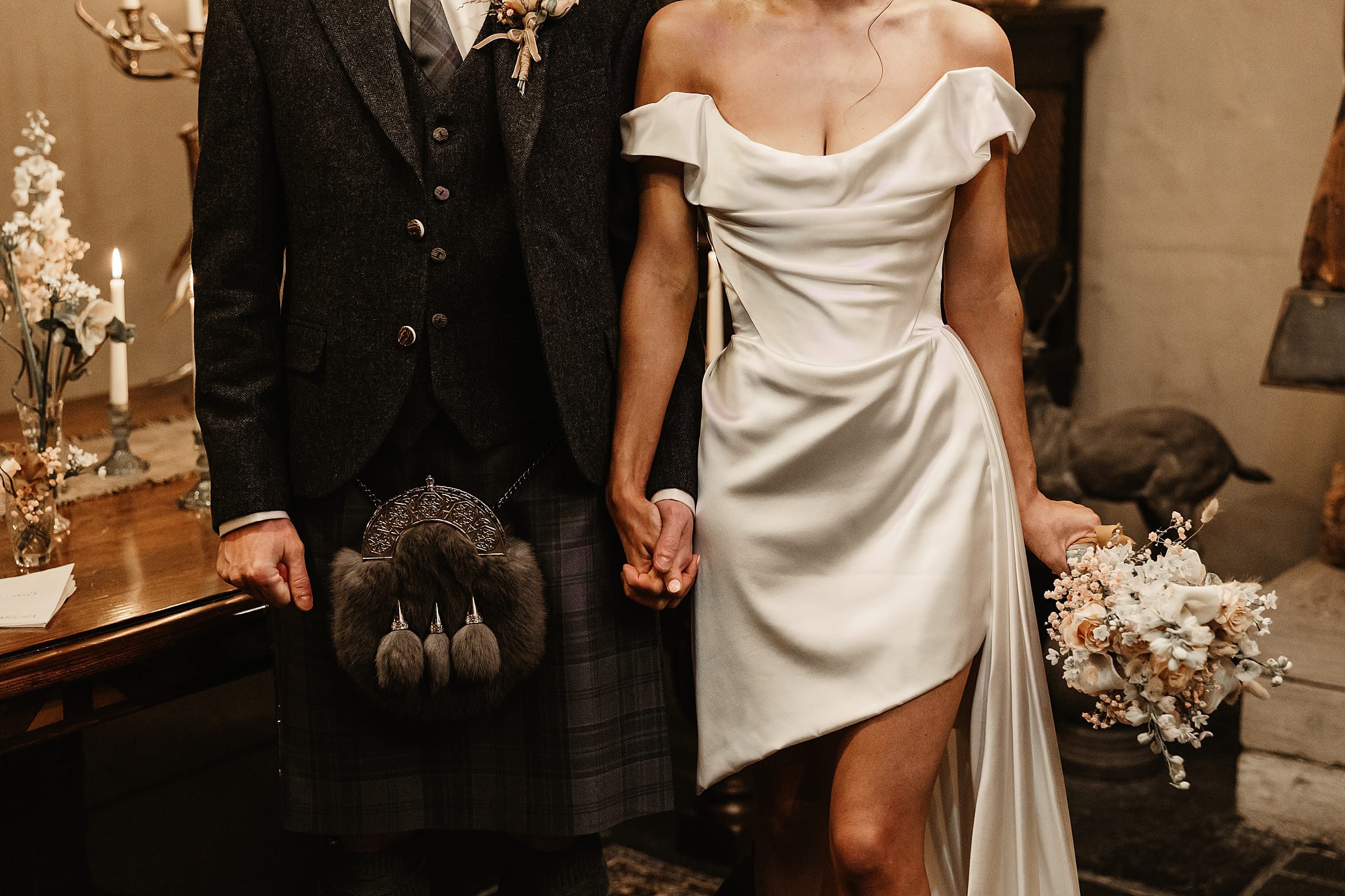 fife arms winter elopement wedding ceremony bride and groom vivienne westwood dress