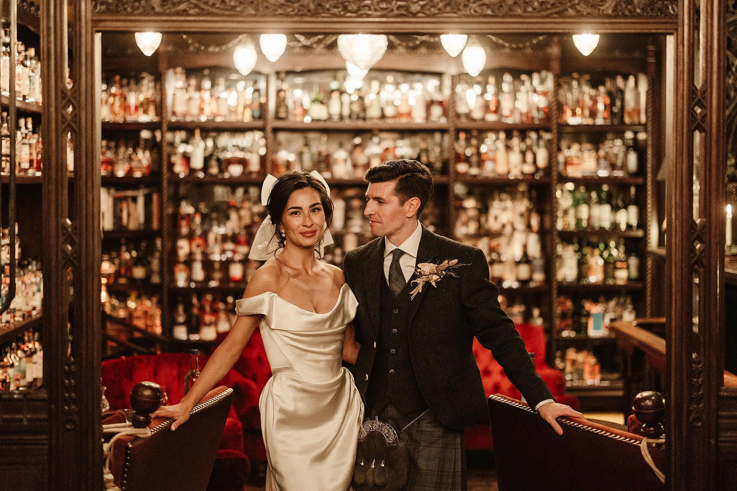 fife arms winter elopement bride and groom portraits berties bar wedding photos