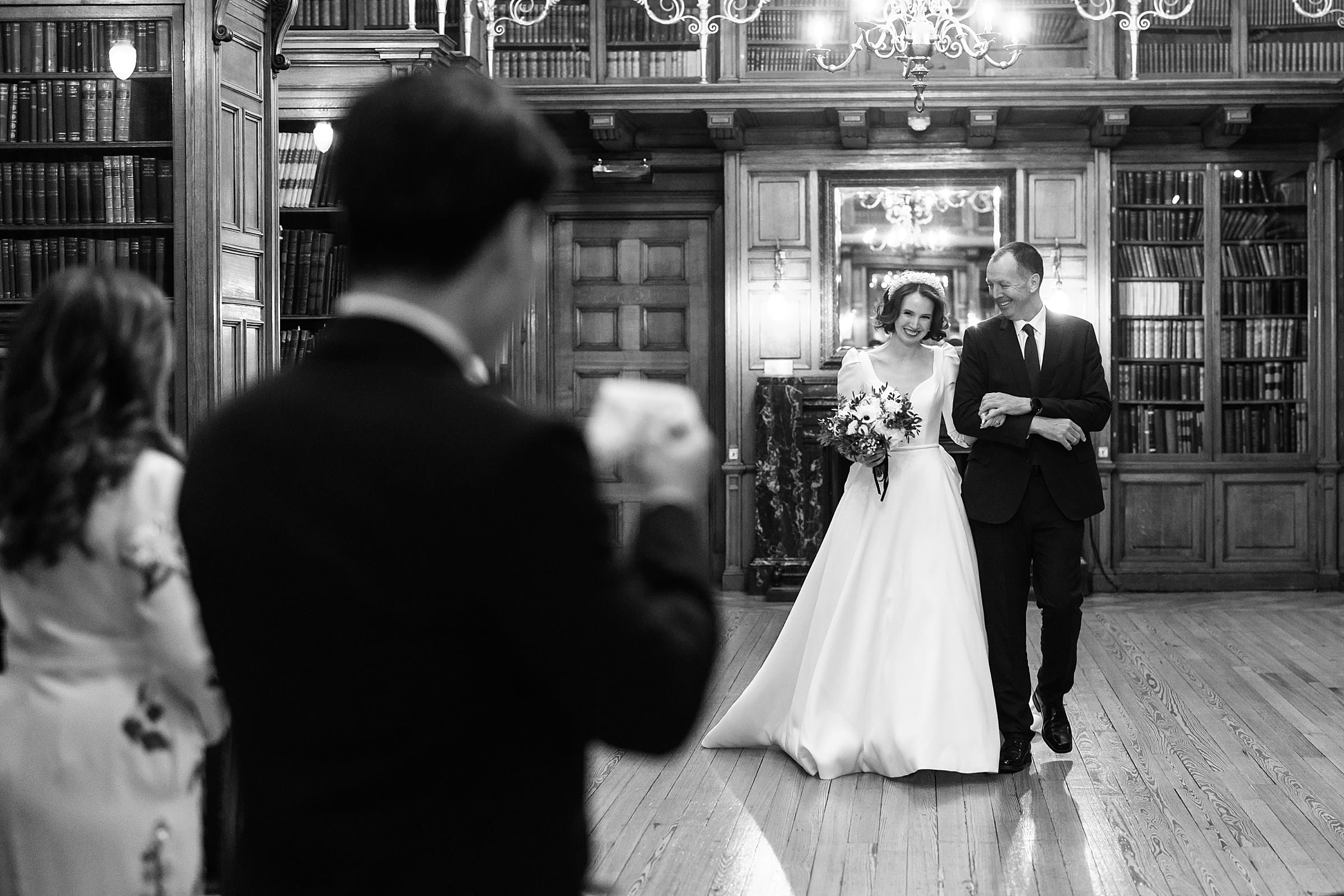 Royal College of Physicians Edinburgh micro wedding bride and father waking down the aisle groom crying