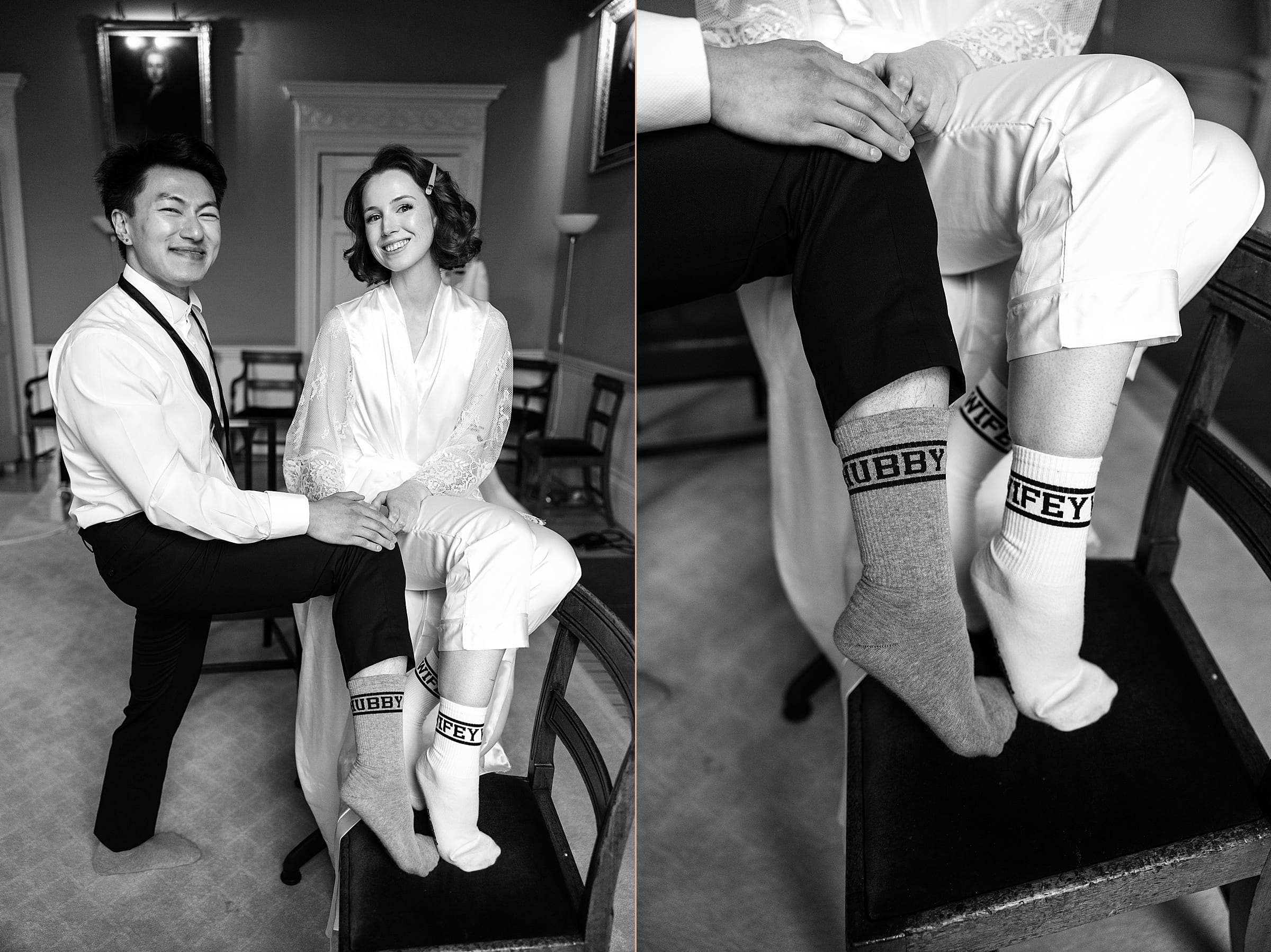 Royal College of Physicians Edinburgh wedding morning bride and groom matching socks hubby and wifey