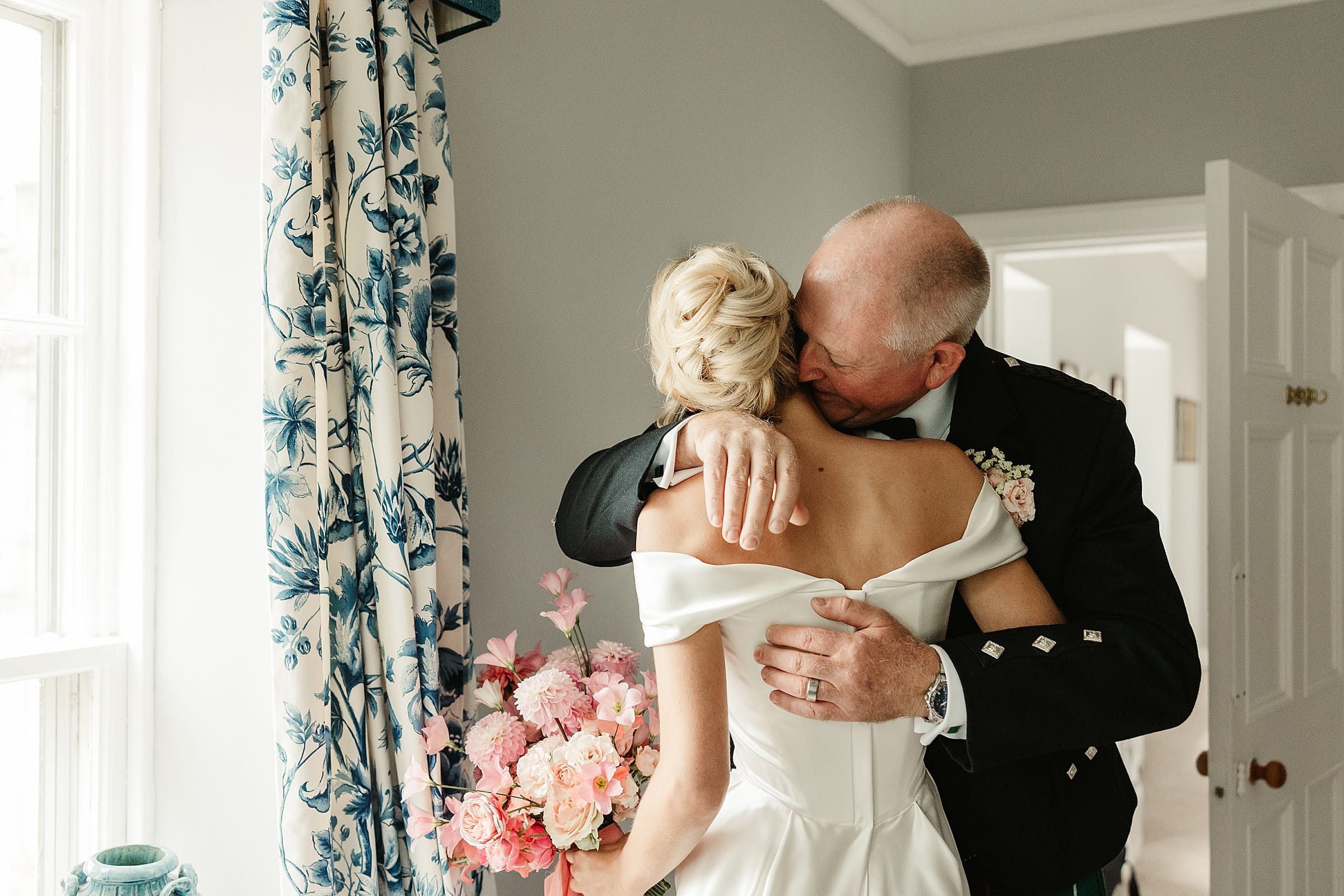 cluny castle wedding bride emotional first look with dad
