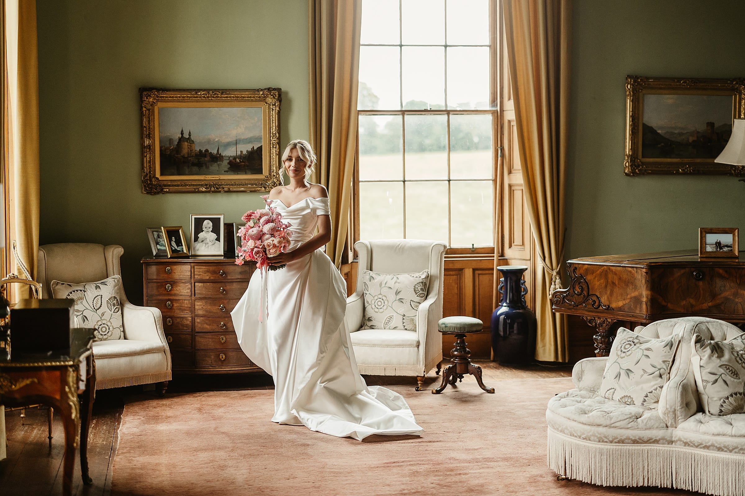 cluny castle wedding bride portrait vivienne westwood pink florals fauna flower folk bouquet