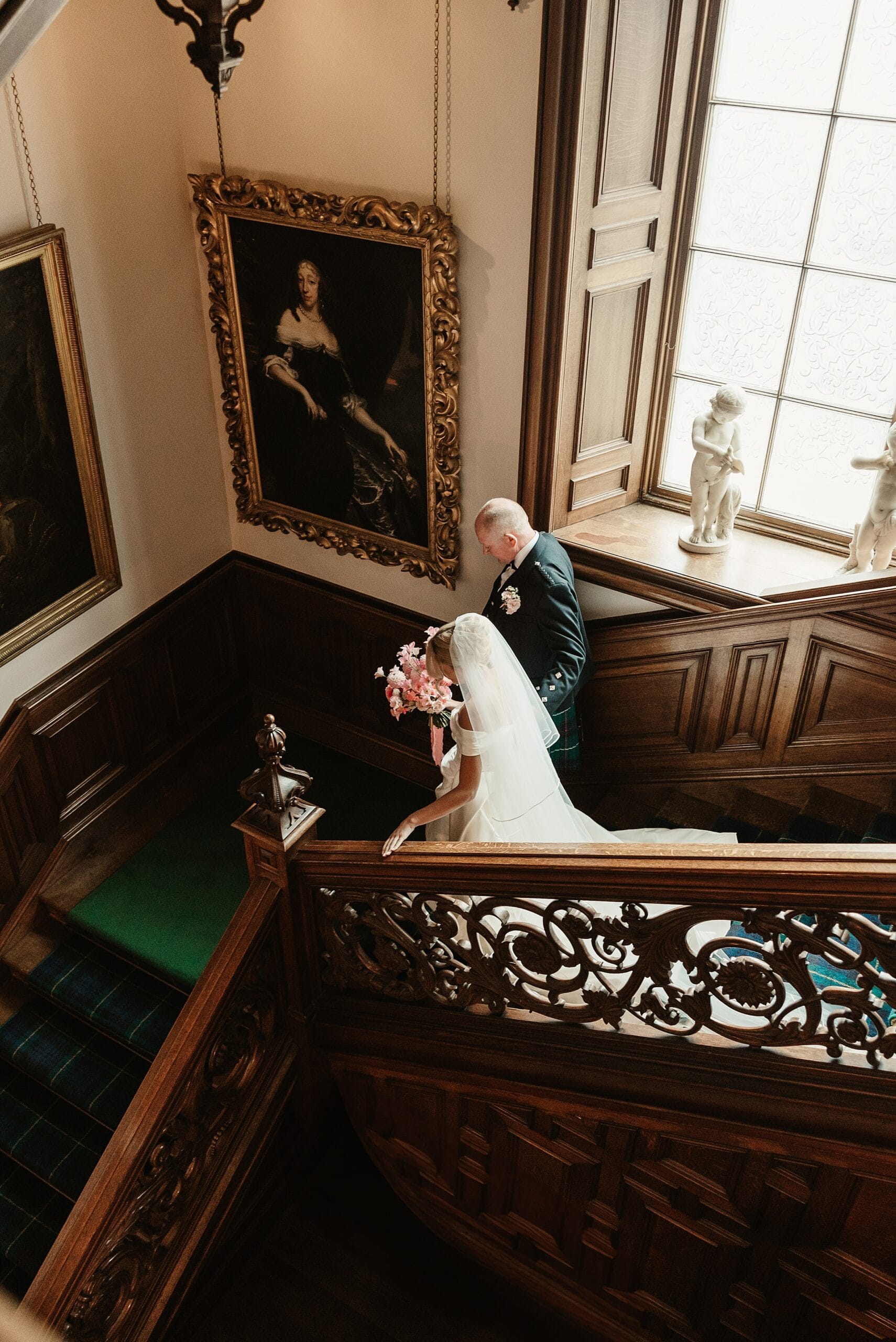 cluny castle stairs bride and dad walk to ceremony