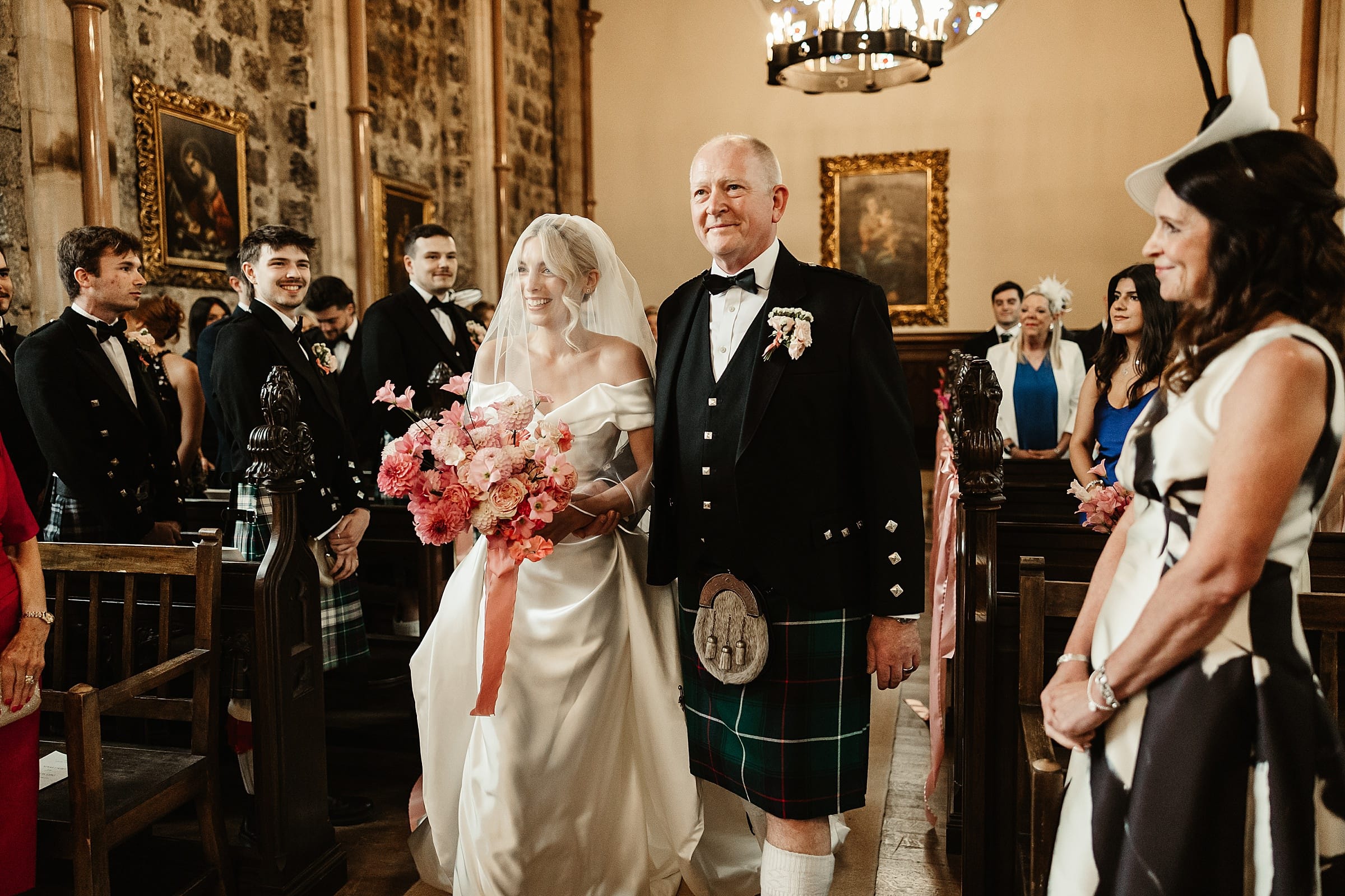 Cluny castle wedding ceremony bride and dad walking the aisle