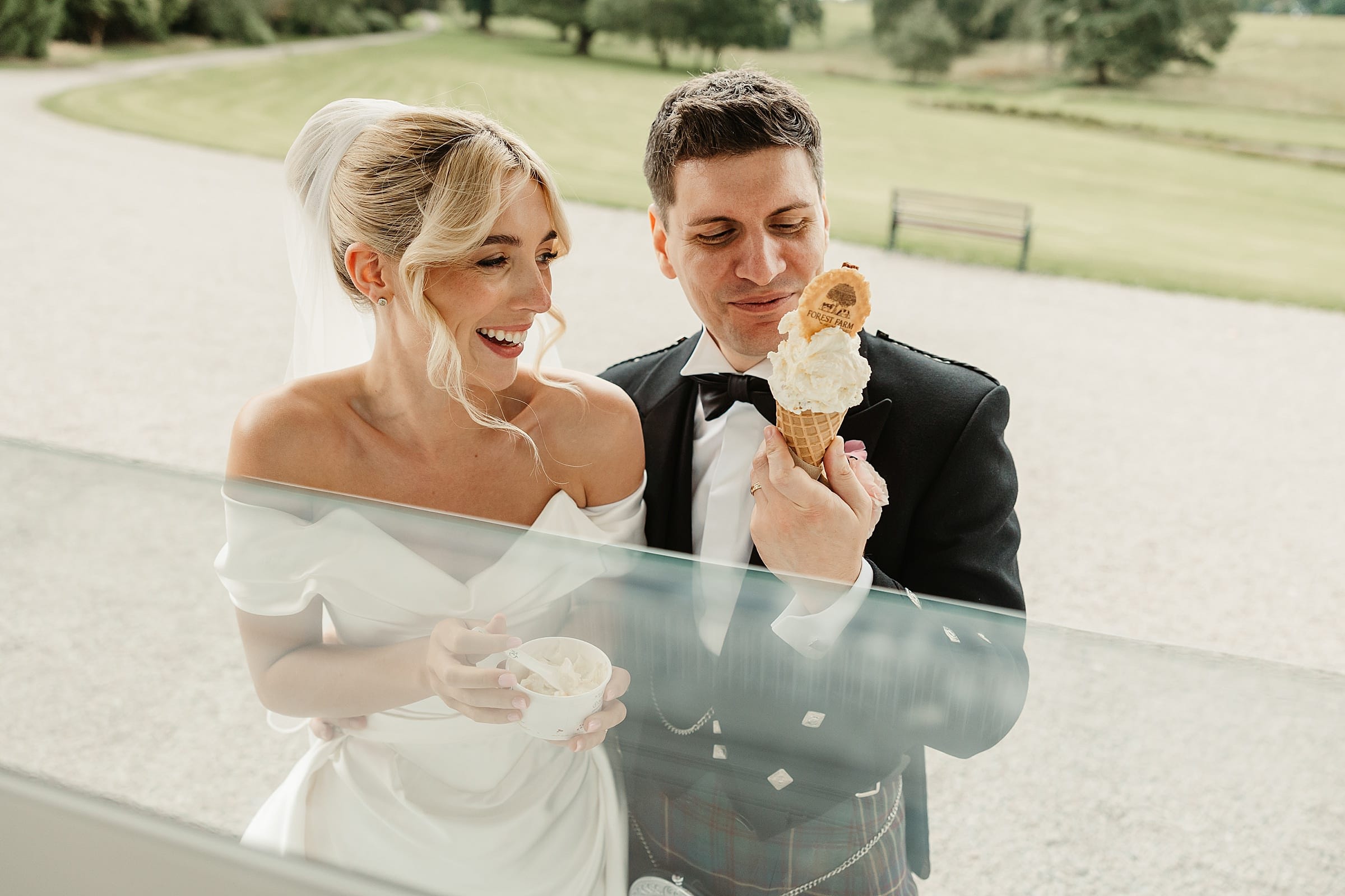 cluny castle wedding ice cream cart forest farm bride and groom