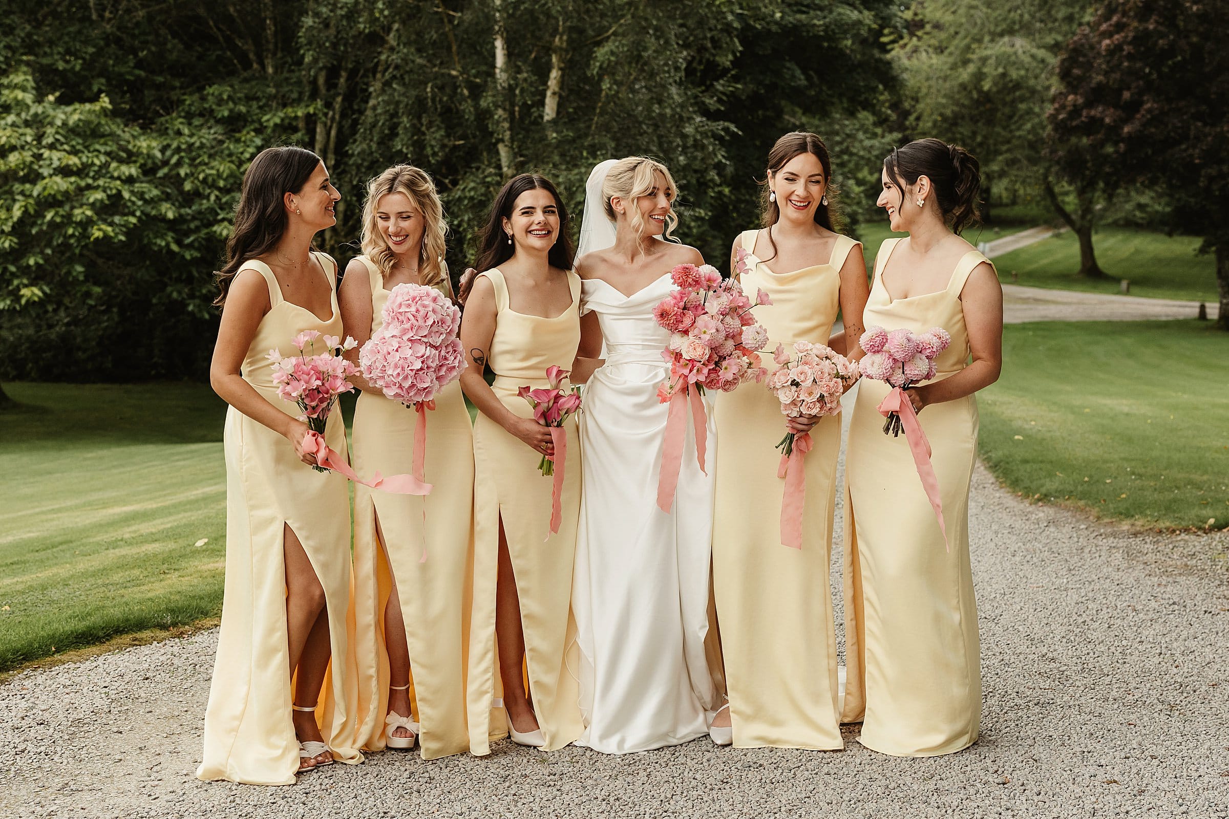 cluny castle wedding photography group photos bridesmaids yellow dresses