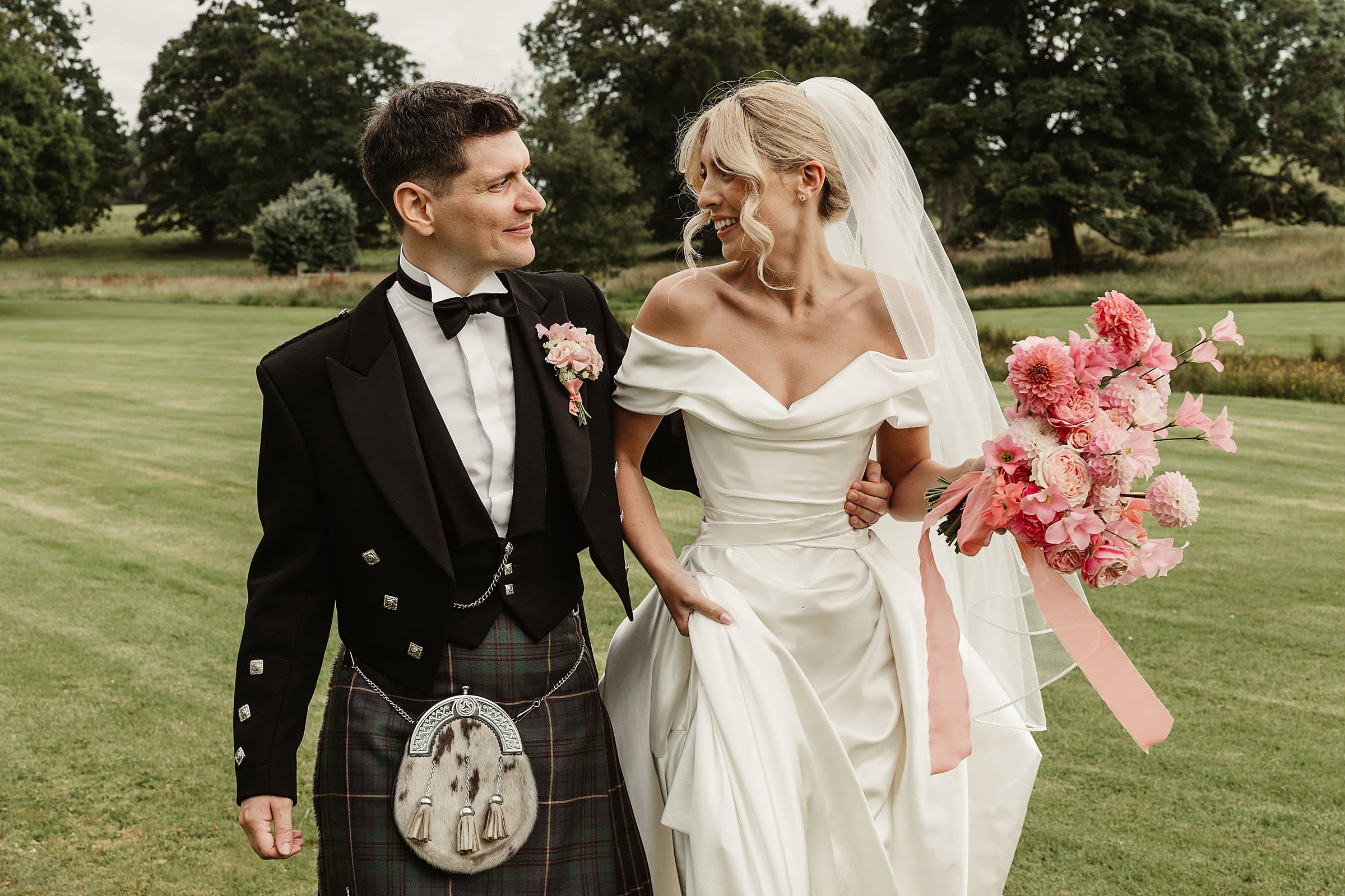 cluny castle wedding photography outdoors bride and groom portraits vivienne westwood dress