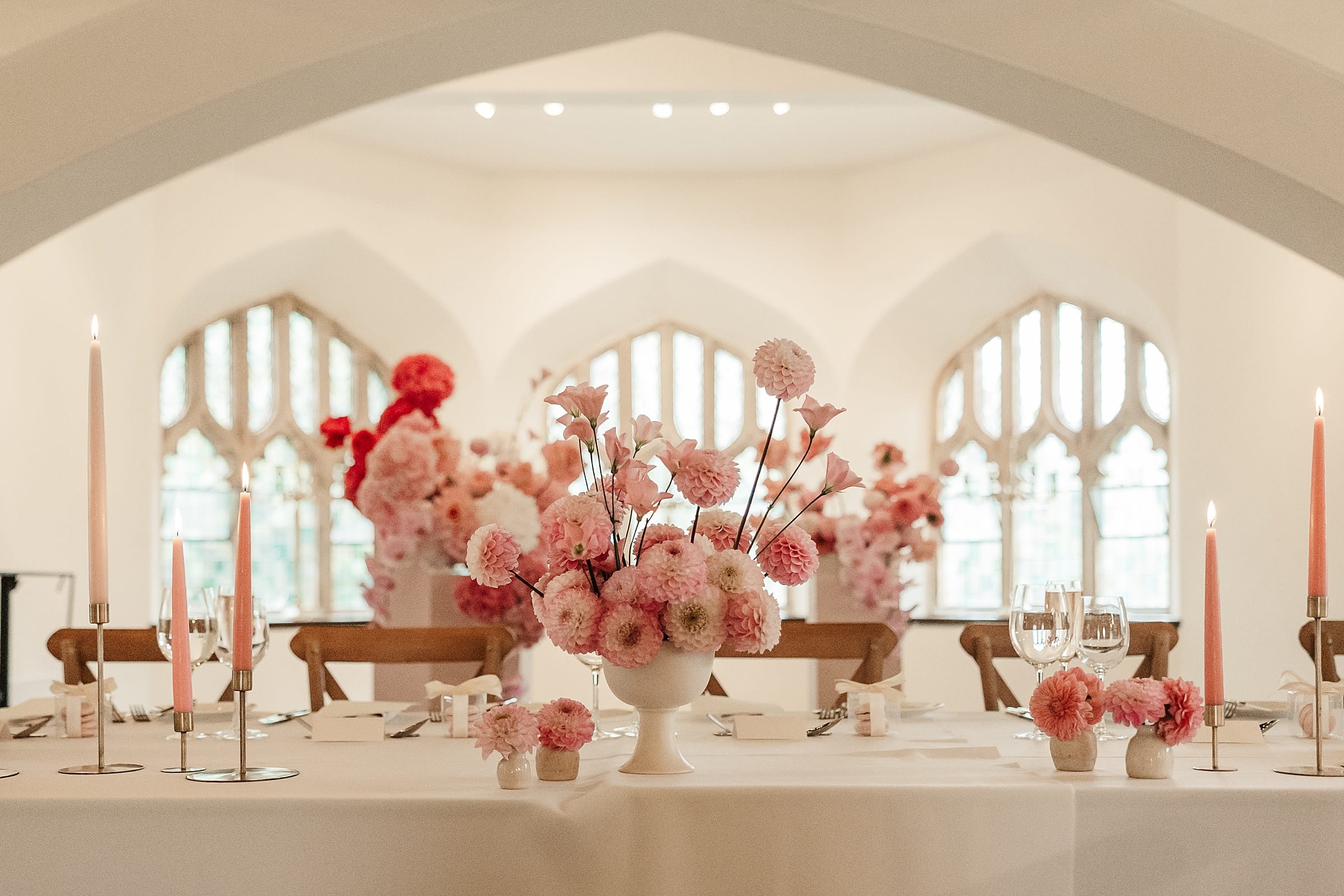 cluny castle wedding decor fauna flower folk pink florals dinner setup